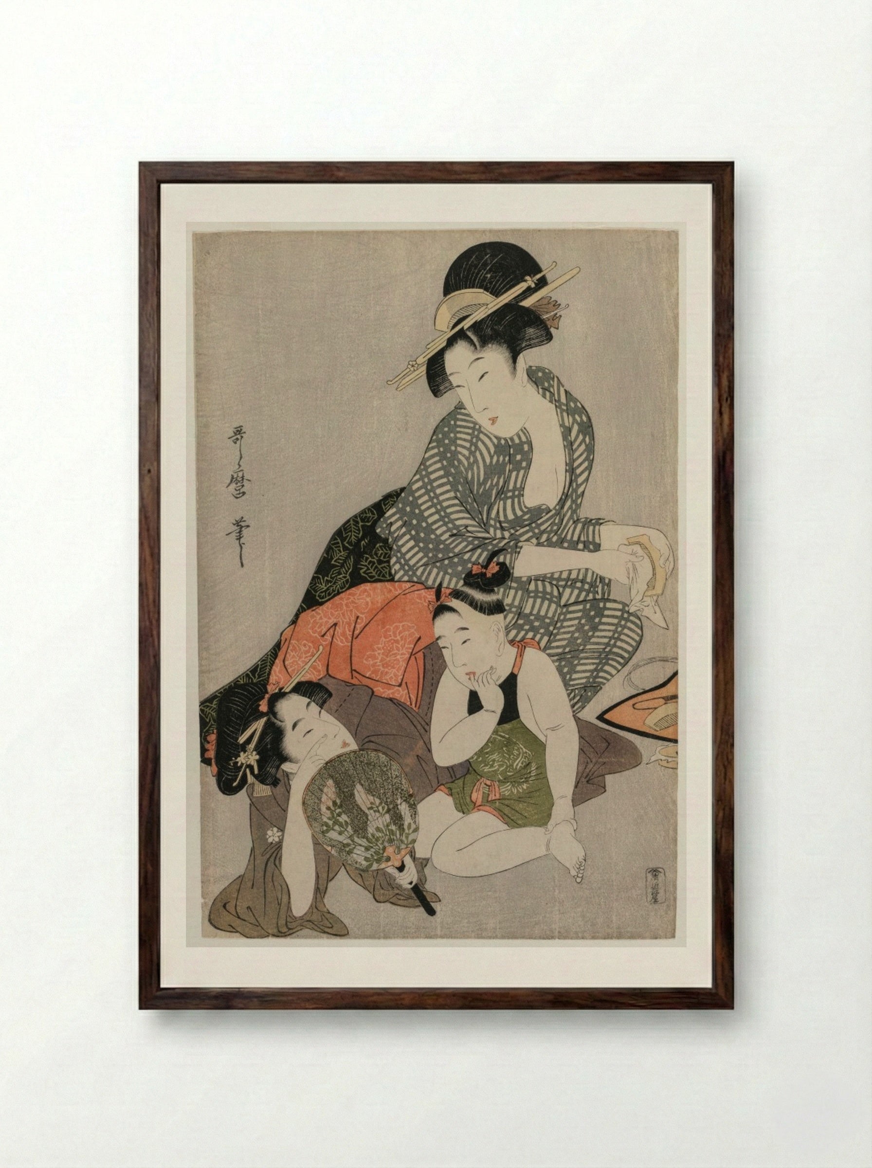 Cleaning Combs - Kitagawa Utamaro - Framed Print Dark Wood