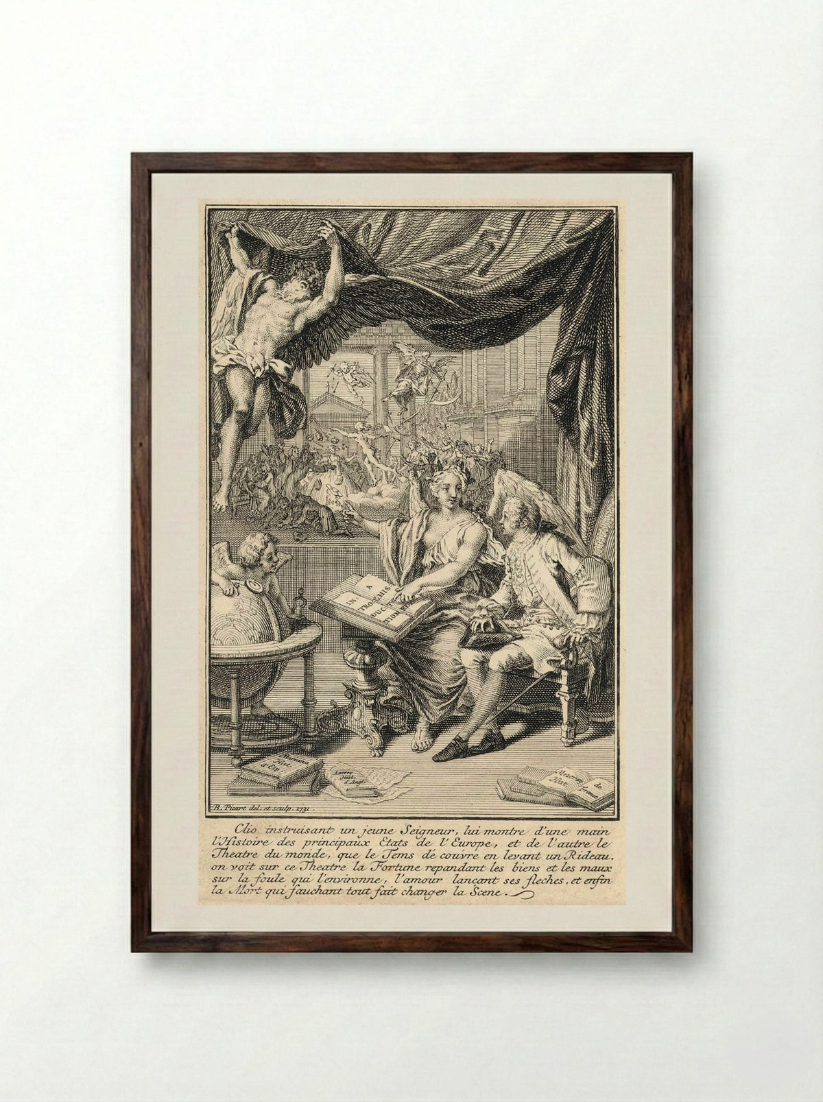 Clio Instructing a Young Nobleman - Bernard Picart - Framed Print Dark Wood