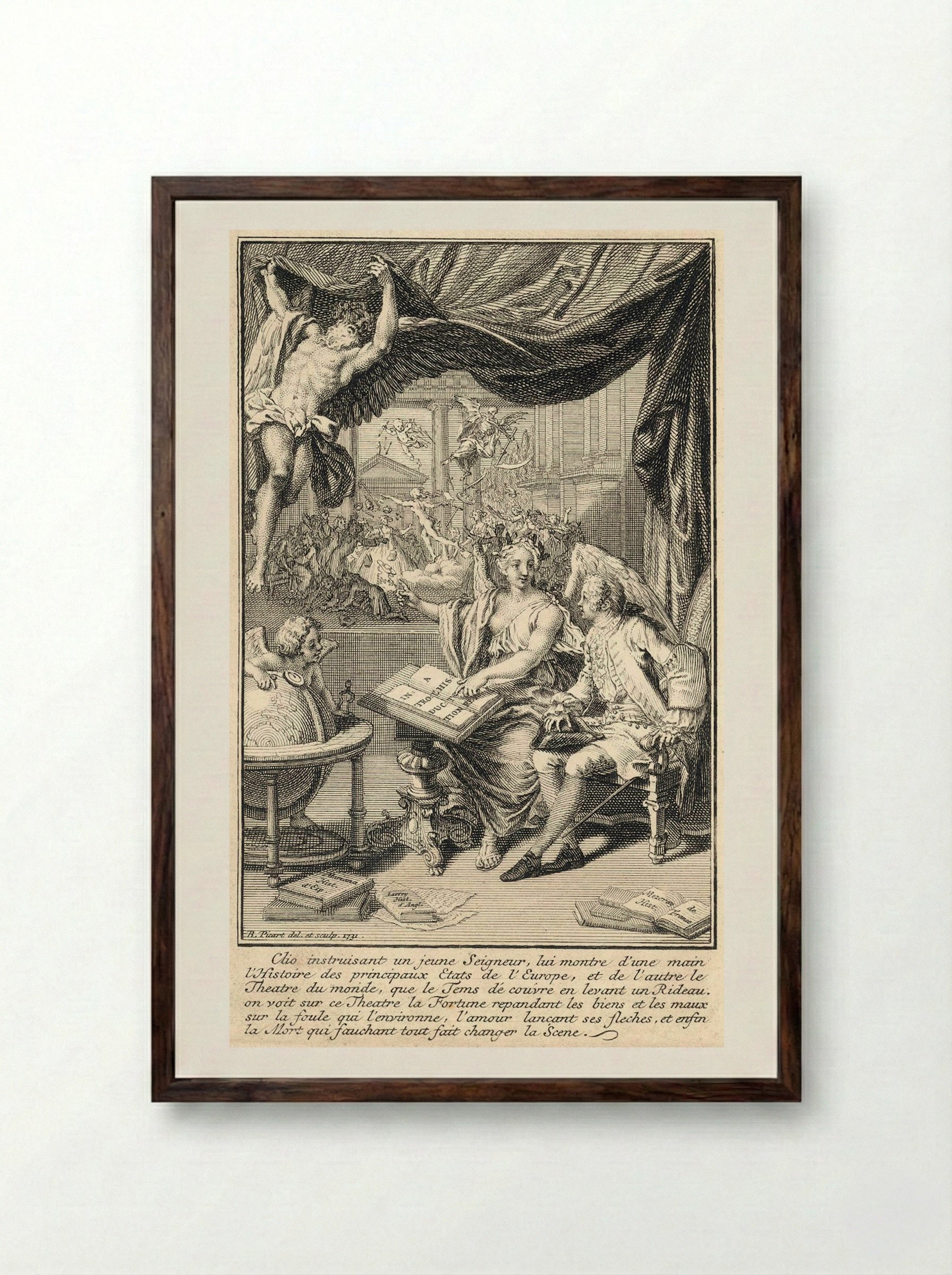 Clio Instructing a Young Nobleman - Bernard Picart - Framed Print Dark Wood