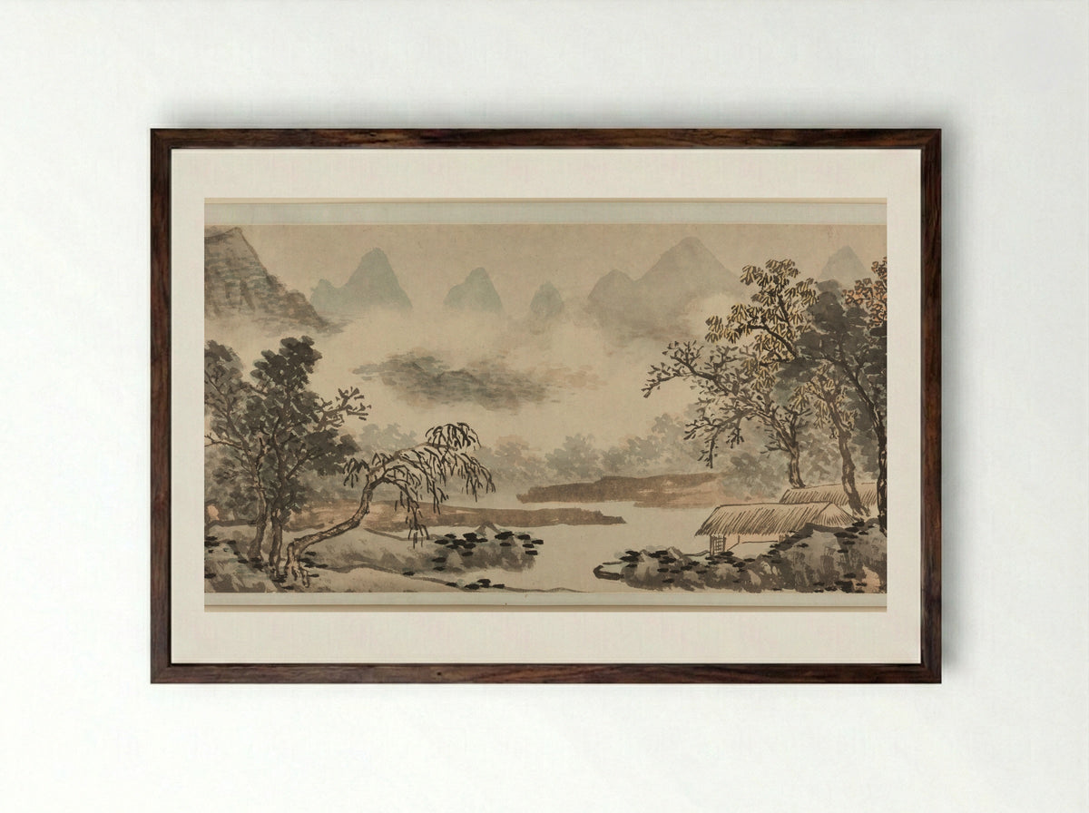 Clouds over the River before Rain - Shen Zhou - Framed Print Dark Wood