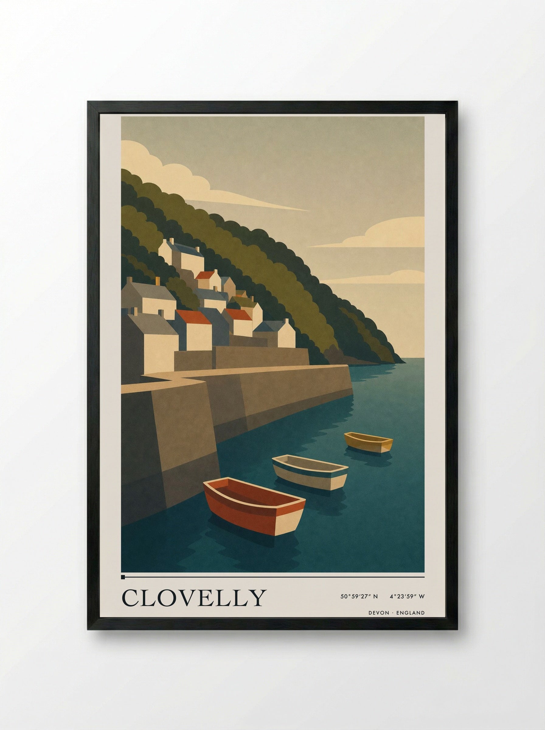 Clovelly Devon Travel Poster - Framed Print Black