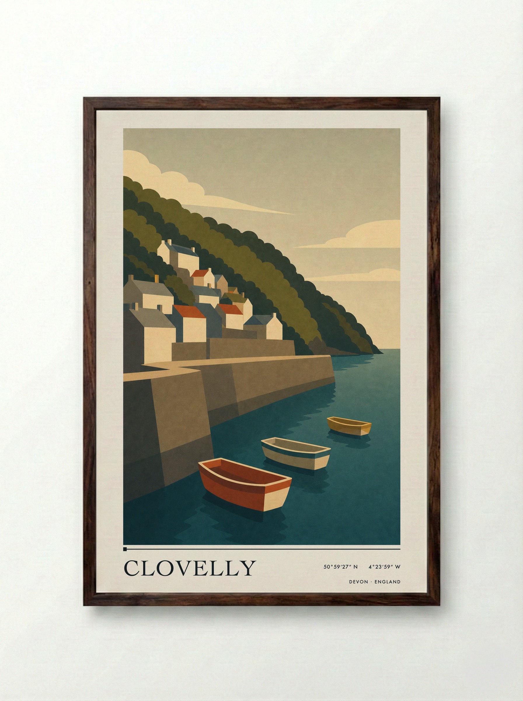 Clovelly Devon Travel Poster - Framed Print Dark Wood