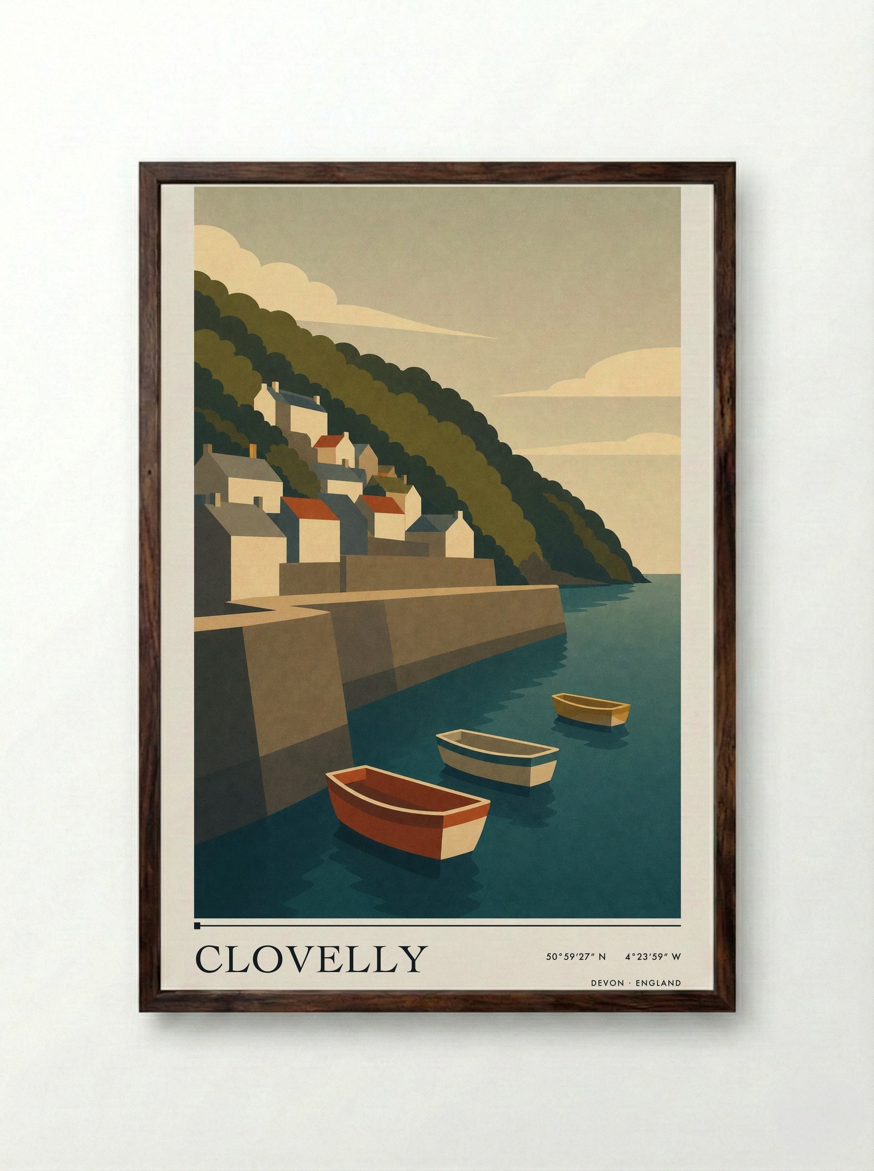Clovelly Devon Travel Poster - Framed Print Dark Wood