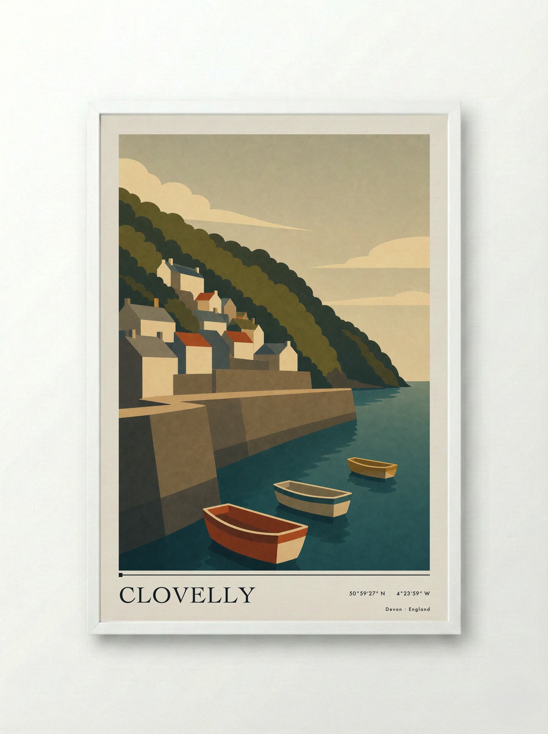 Clovelly Devon Travel Poster - Framed Print White