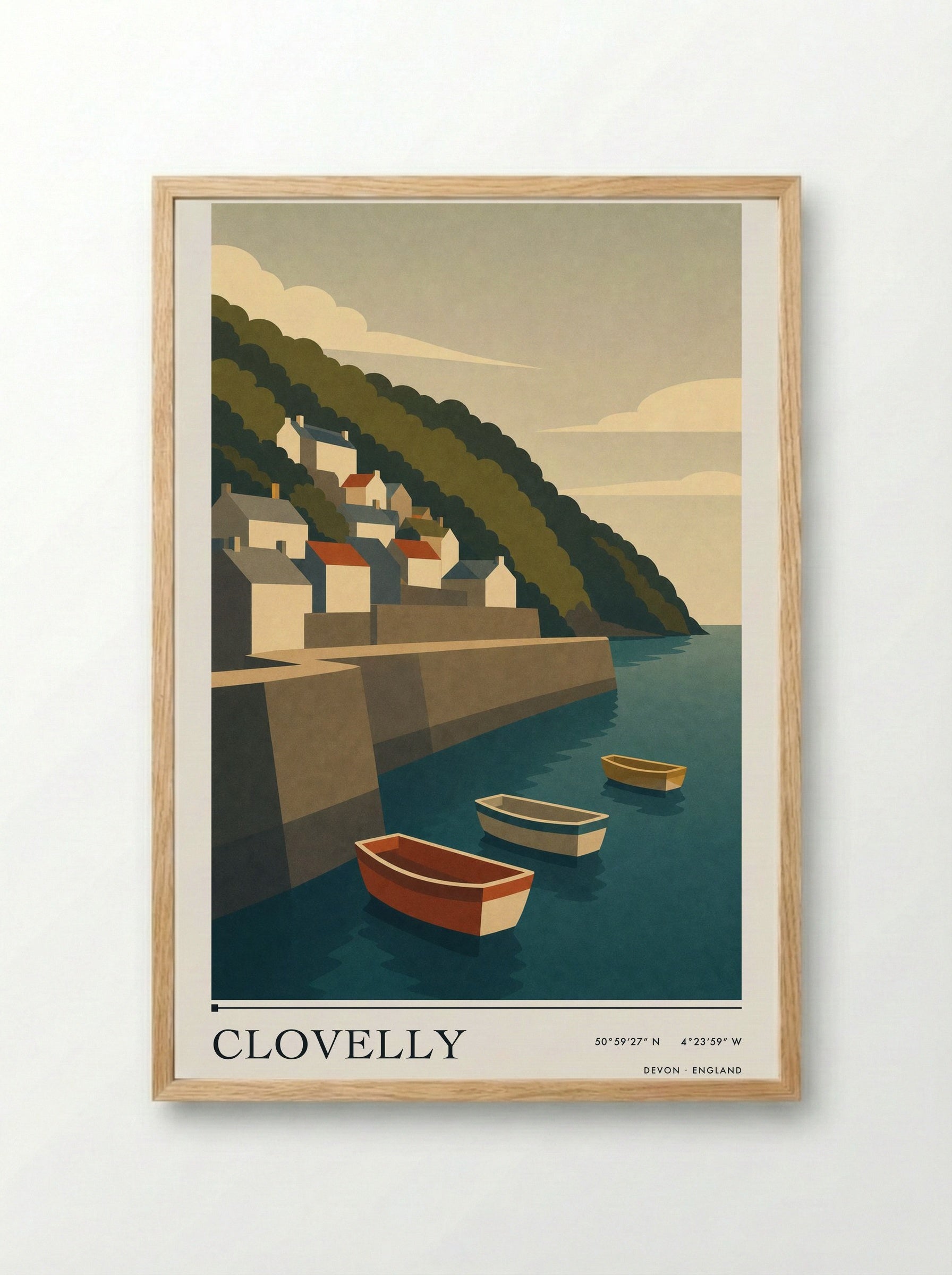 Clovelly Devon Travel Poster - Framed Print Wood