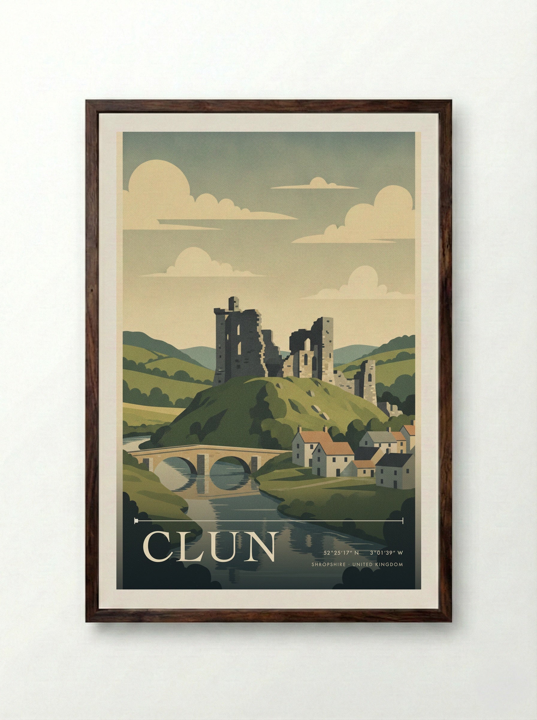 Clun Shropshire United Kingdom Travel Poster - Framed Print Dark Wood