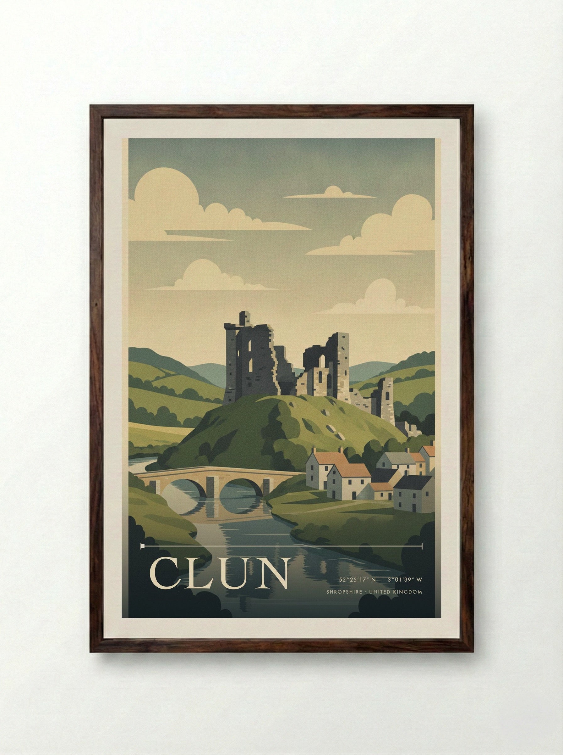 Clun Shropshire United Kingdom Travel Poster - Framed Print Dark Wood