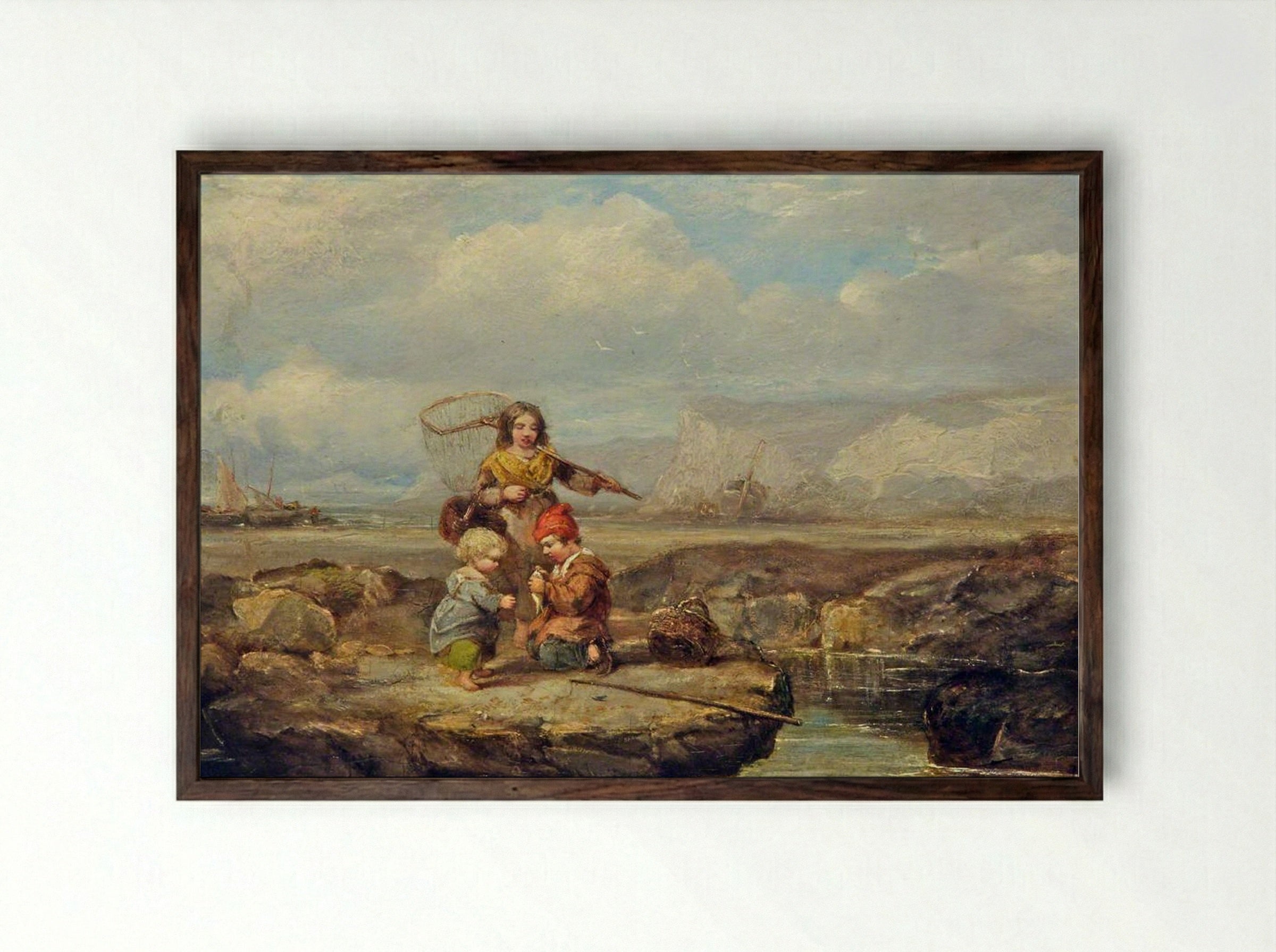 Coast Scene with Figures - William Collins - Framed Print Dark Wood