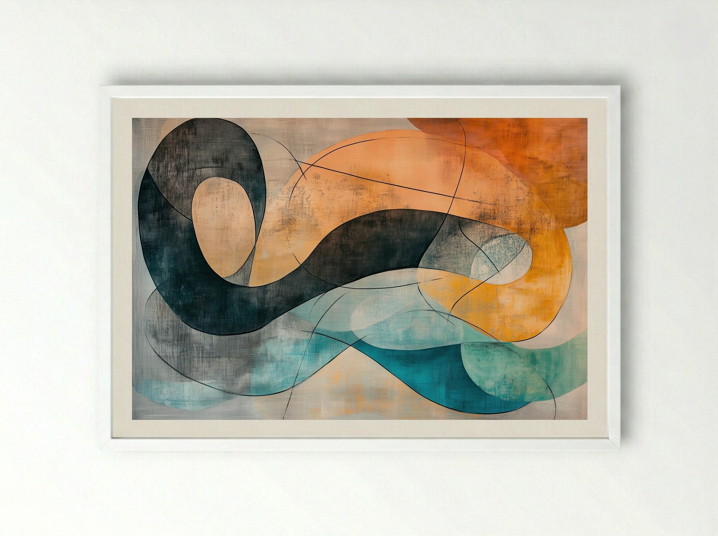 Coastal Motion – Abstract Flow in Teal, Ochre and Charcoal - Framed Print White