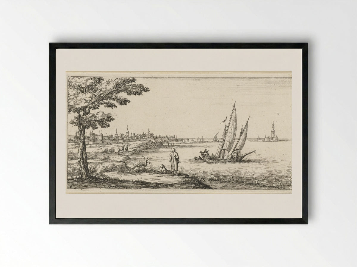Coastal Scene with a Sailing Ship - Herman Weyen - Framed Print Black