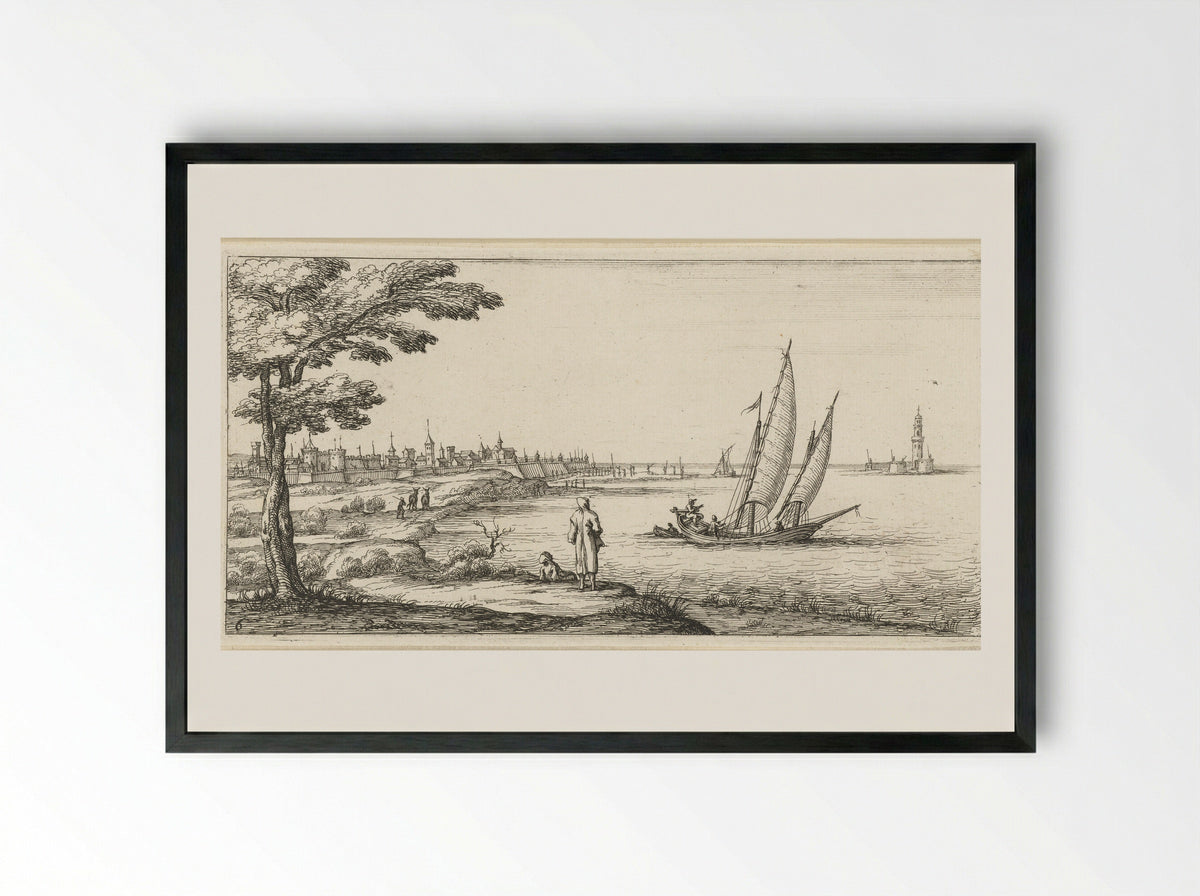 Coastal Scene with a Sailing Ship - Herman Weyen - Framed Print Black
