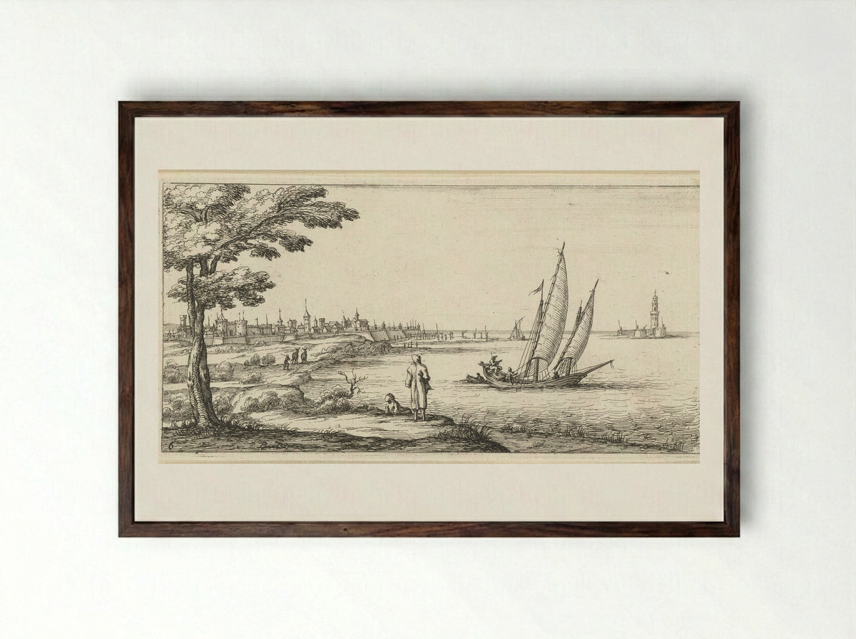 Coastal Scene with a Sailing Ship - Herman Weyen - Framed Print Dark Wood