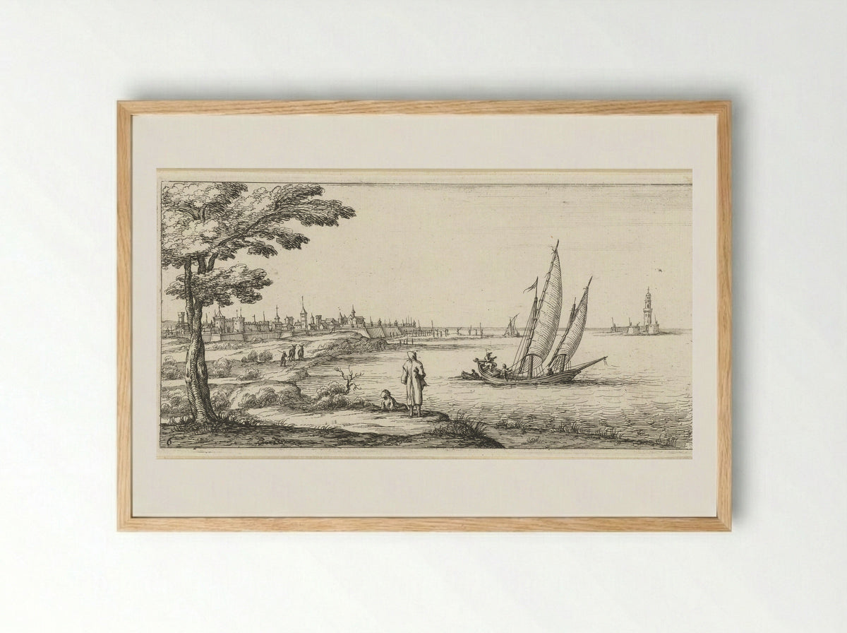 Coastal Scene with a Sailing Ship - Herman Weyen - Framed Print Wood