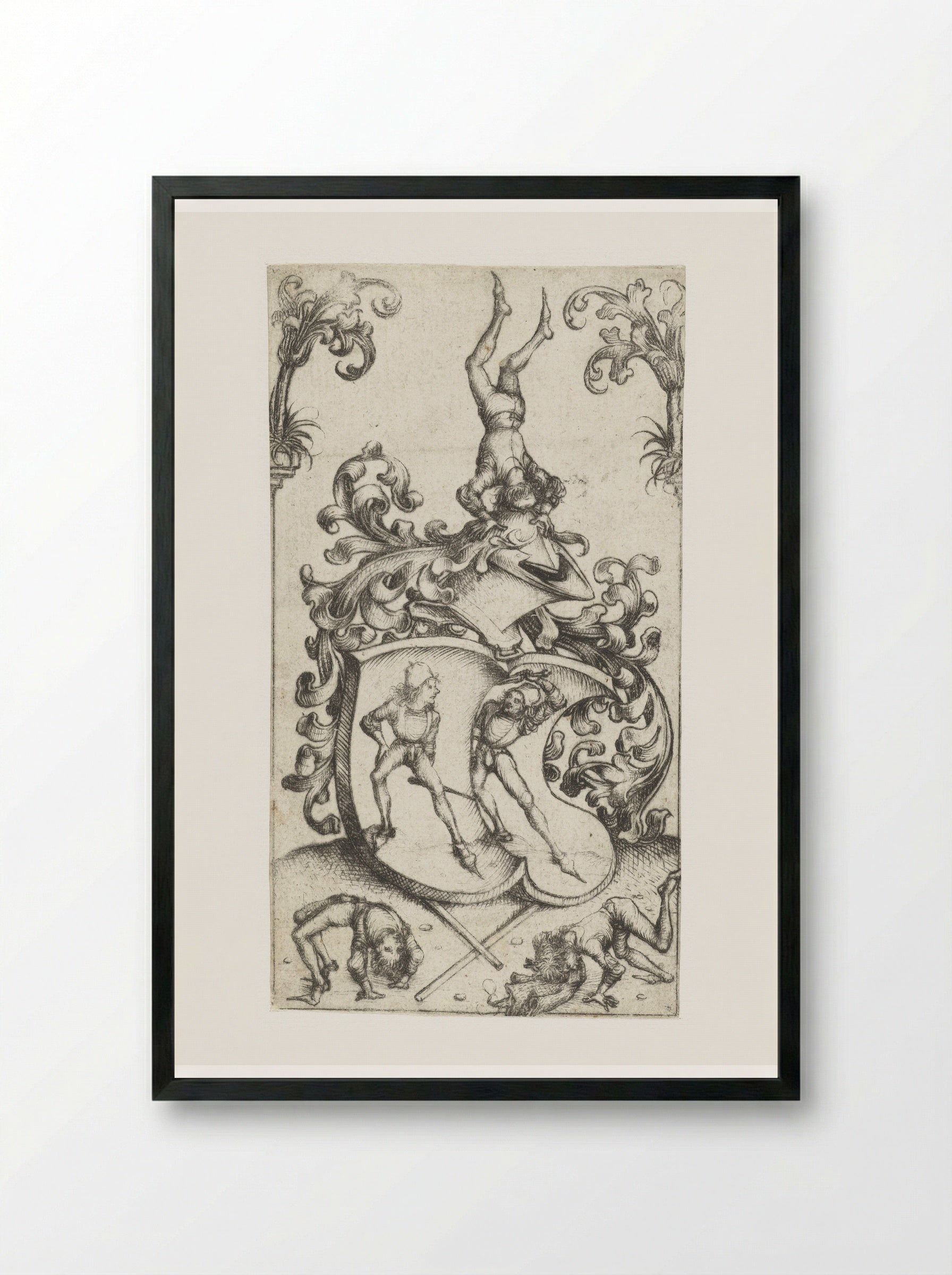 Coat of Arms with Acrobats and Swordsmen - Master of the Amsterdam Cabinet - Framed Print Black
