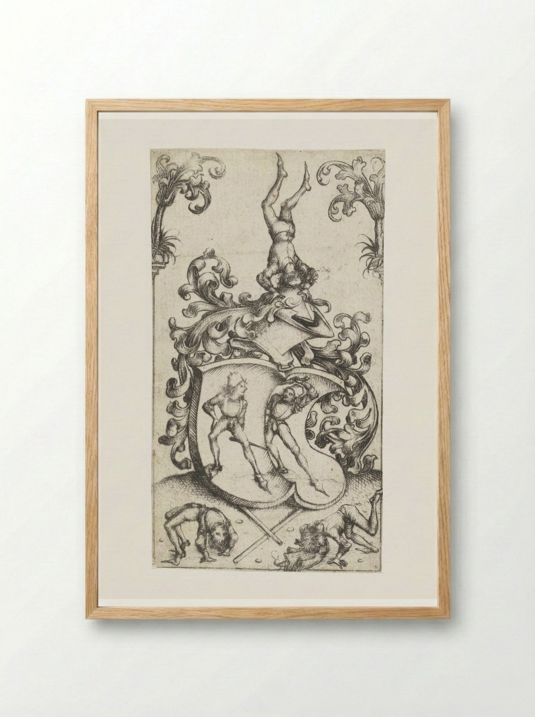 Coat of Arms with Acrobats and Swordsmen - Master of the Amsterdam Cabinet - Framed Print Wood
