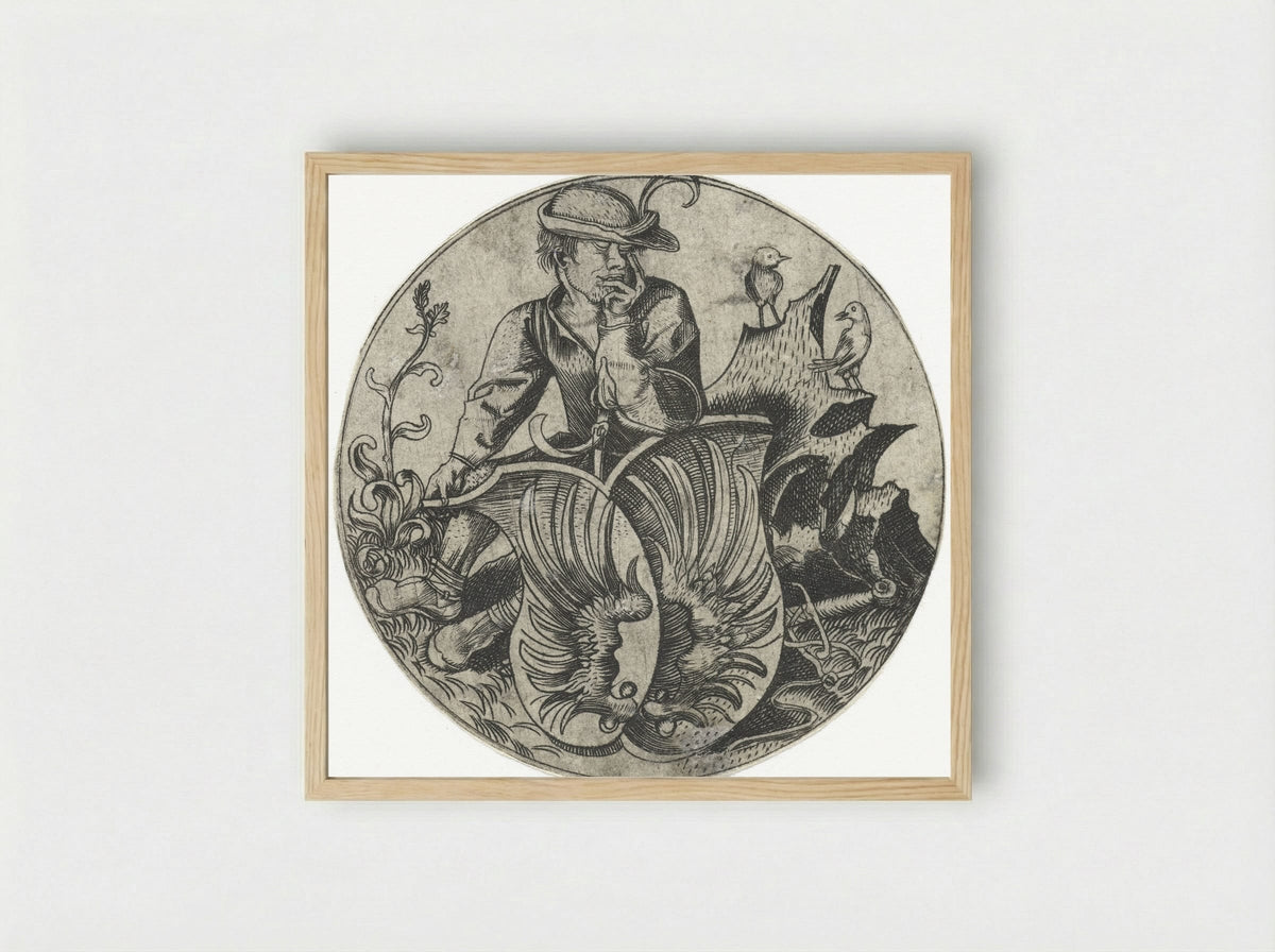 Coat of Arms with Wings Held by a Peasant - Wenzel von Olmütz - Framed Print Wood