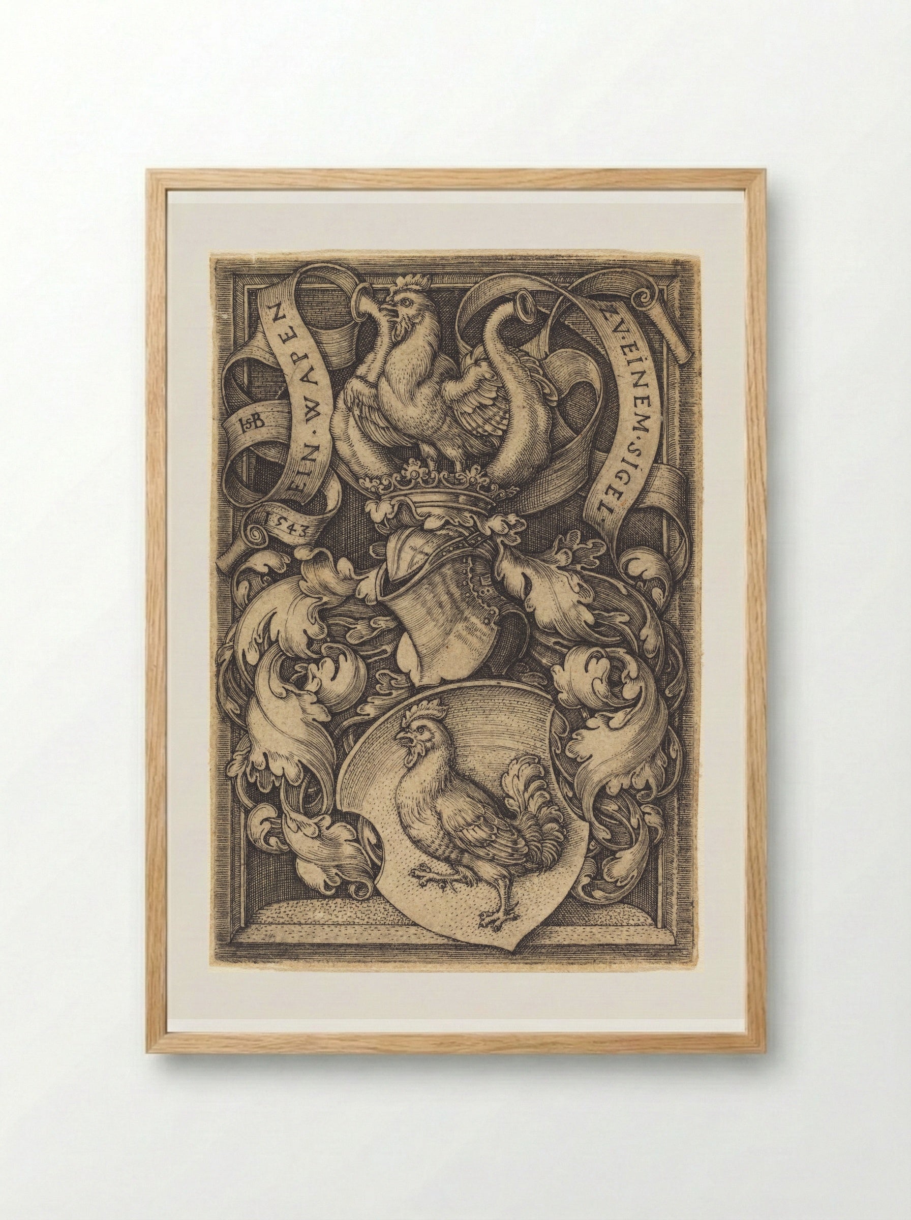 Coat of Arms with a Cock - Sebald Beham - Framed Print Wood