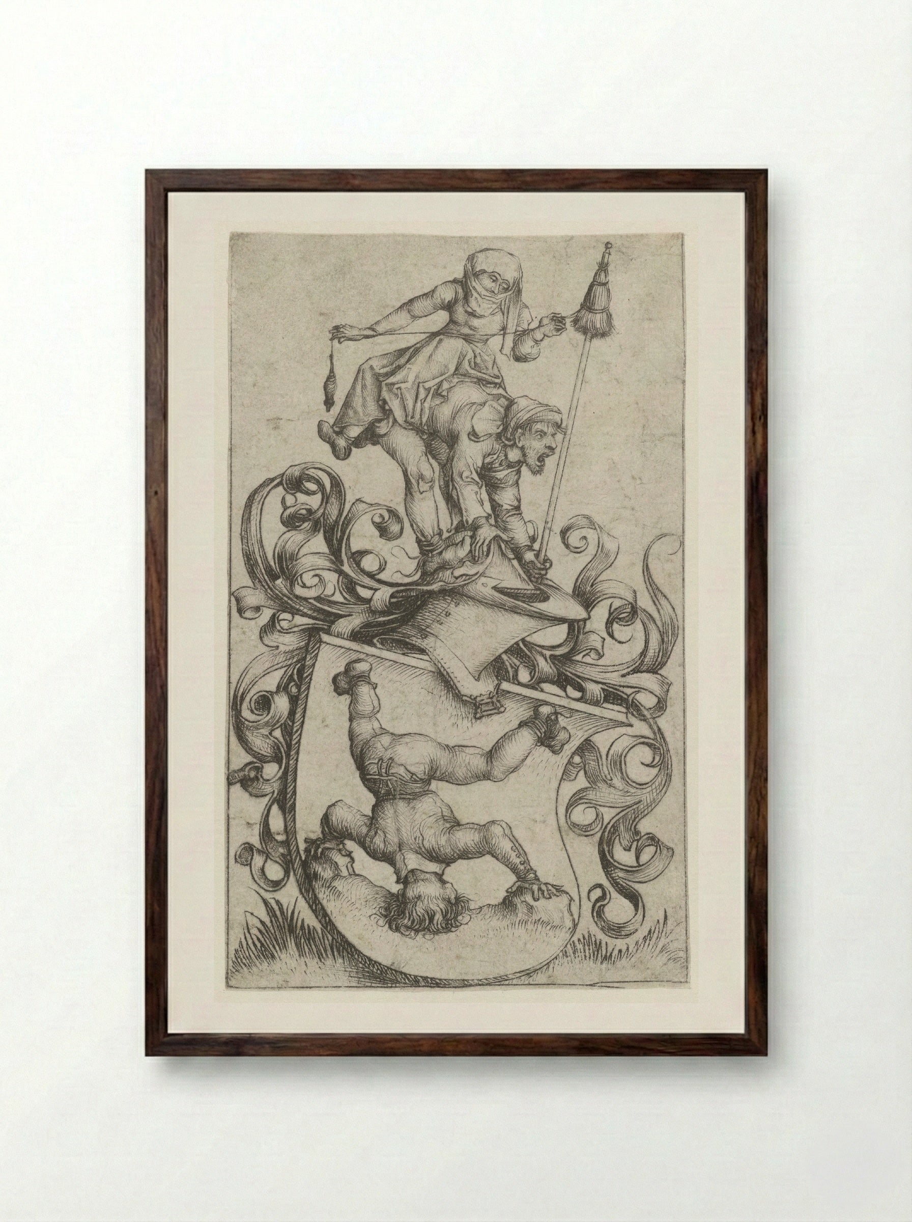 Coat of Arms with a Peasant Standing on His Head - Master of the Amsterdam Cabinet - Framed Print Dark Wood