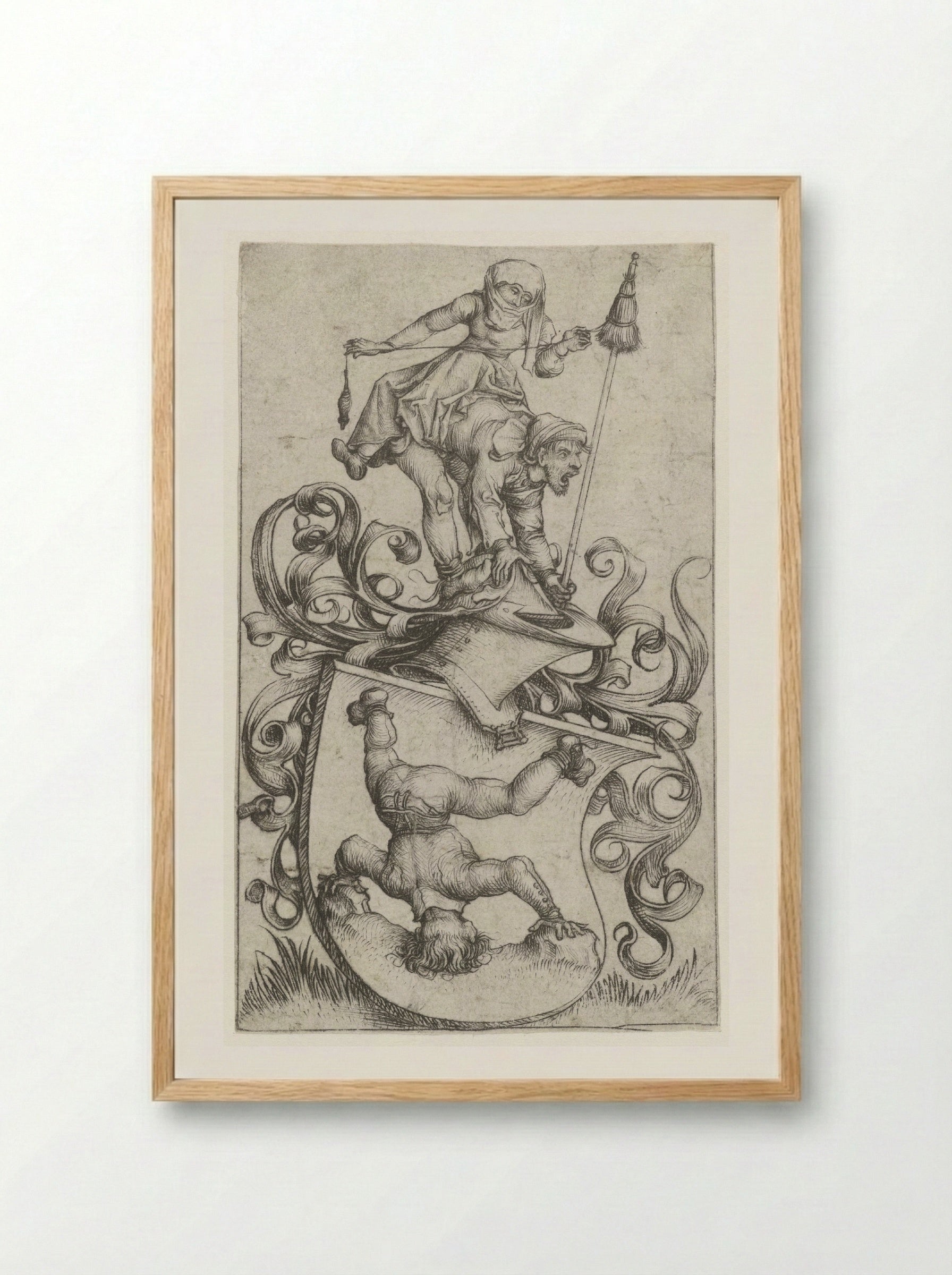 Coat of Arms with a Peasant Standing on His Head - Master of the Amsterdam Cabinet - Framed Print Wood