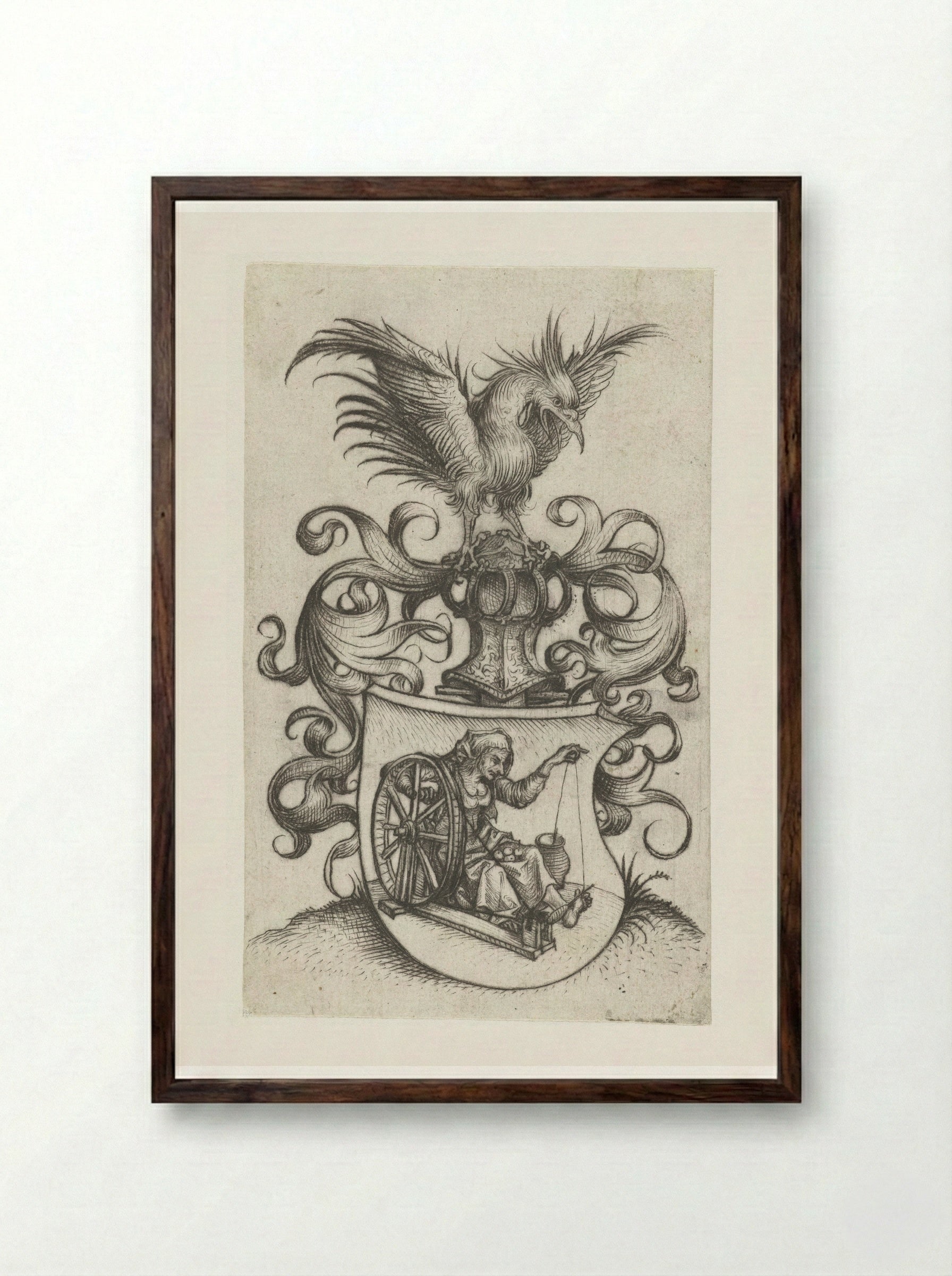 Coat of Arms with an Old Woman Spinning - Master of the Amsterdam Cabinet - Framed Print Dark Wood