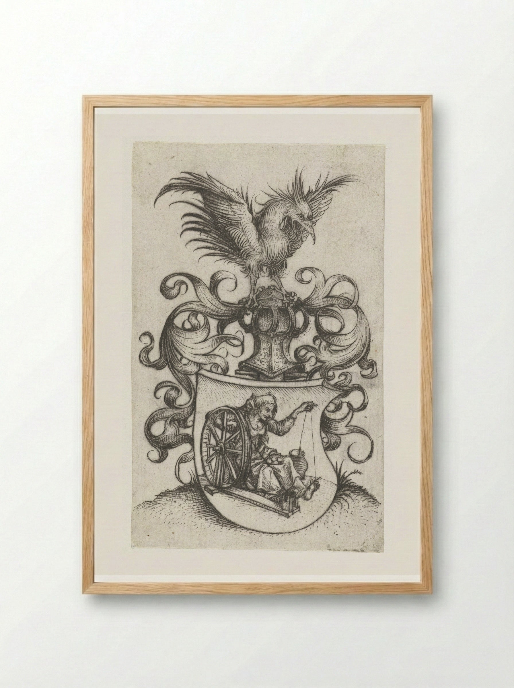 Coat of Arms with an Old Woman Spinning - Master of the Amsterdam Cabinet - Framed Print Wood