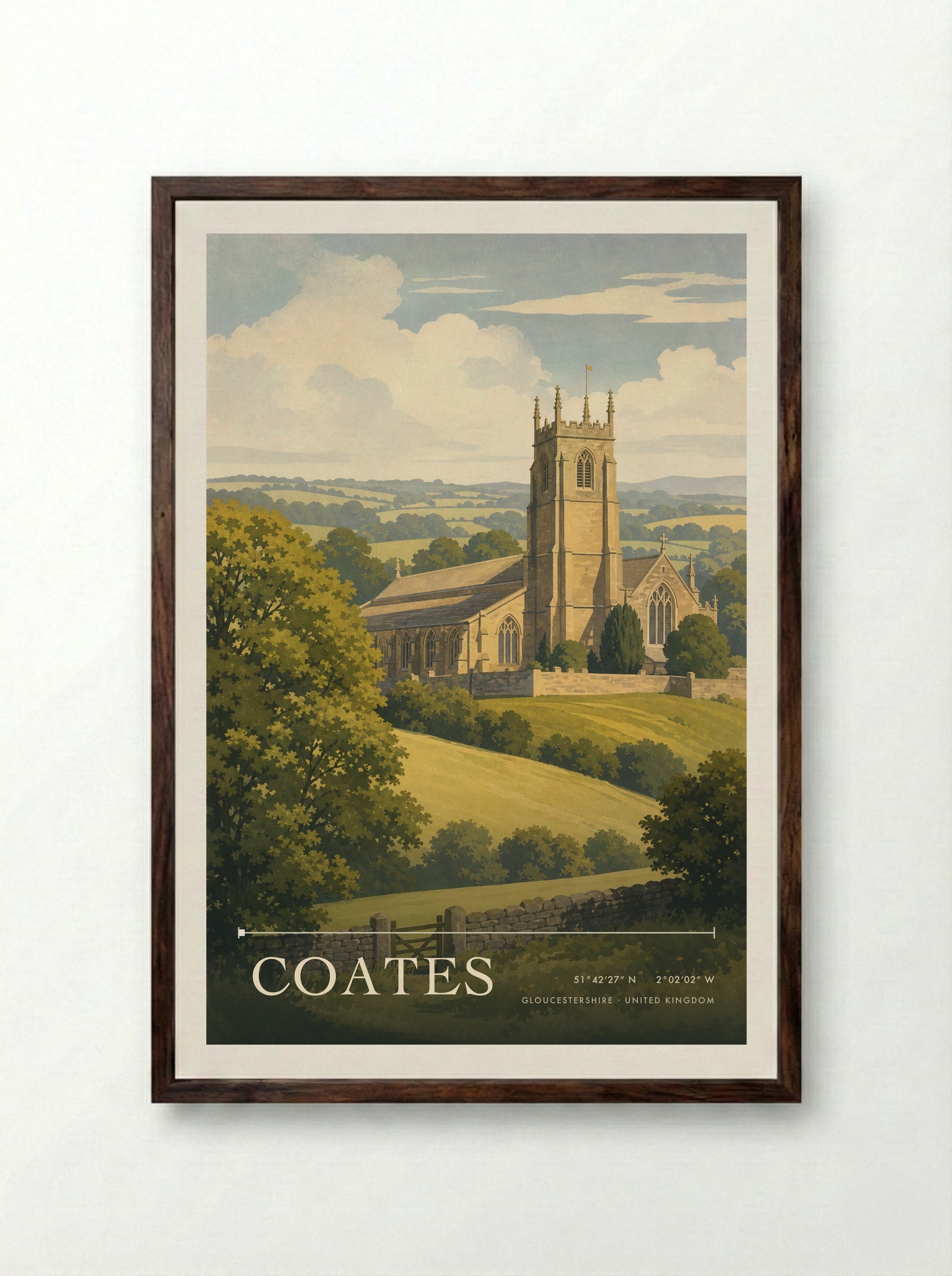 Coates Gloucestershire United Kingdom Travel Poster - Framed Print Dark Wood