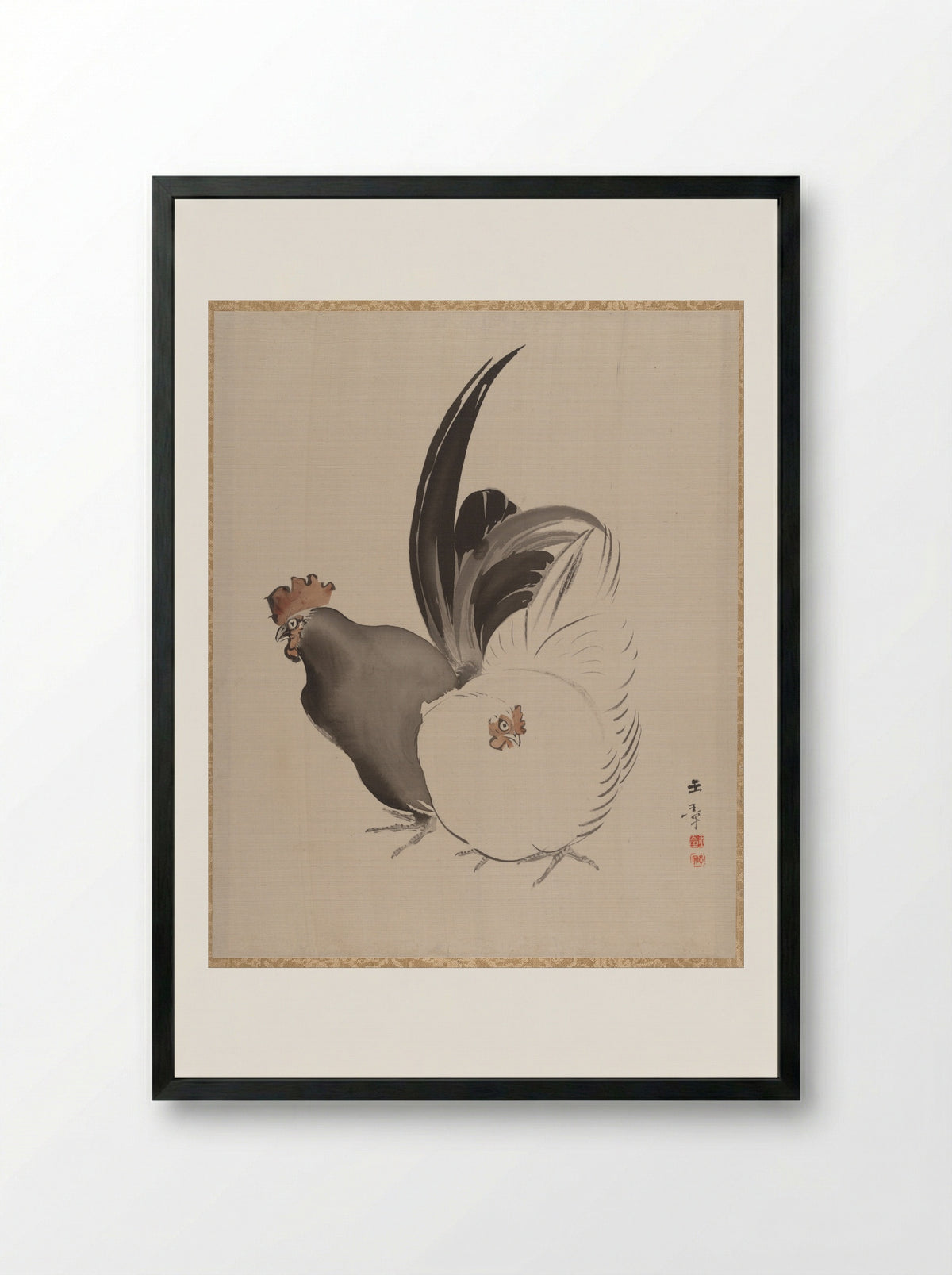 Cock and Hen - Kawabata Gyokushō - Framed Print Black