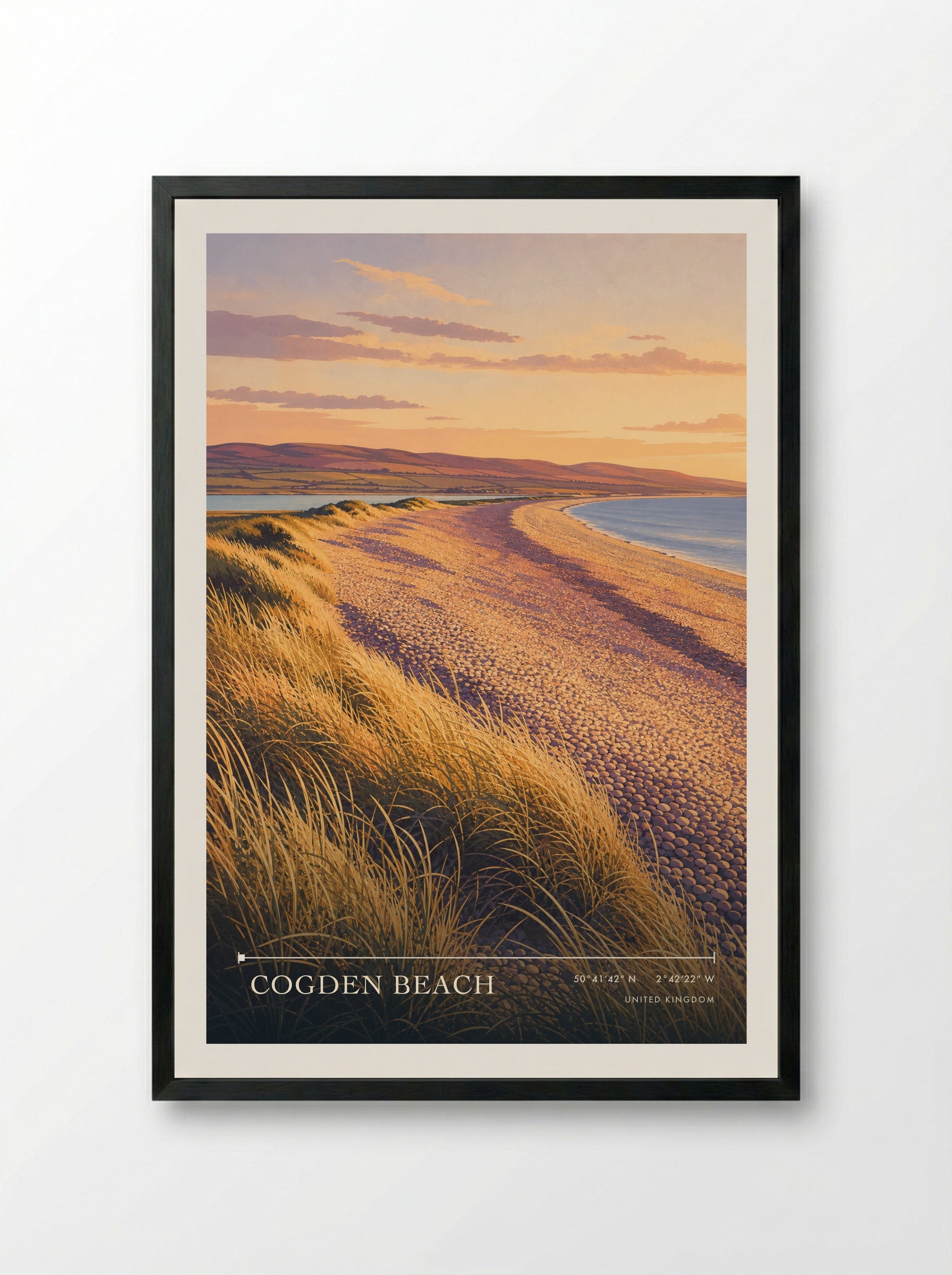 Cogden Beach United Kingdom Travel Poster - Framed Print Black