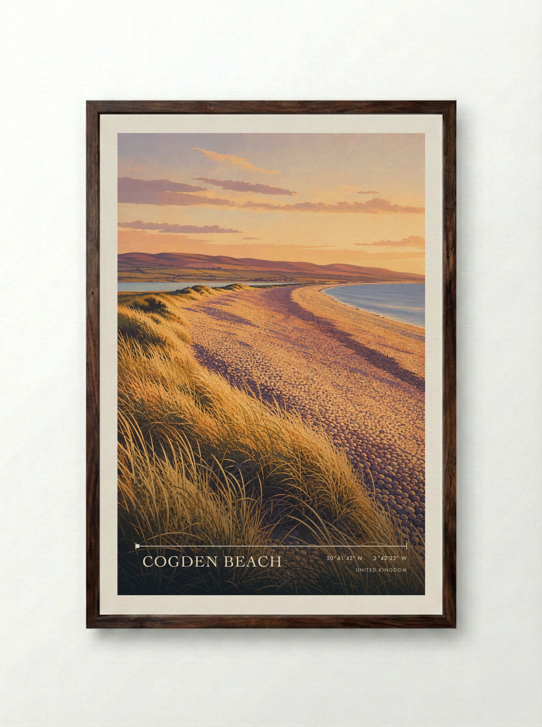 Cogden Beach United Kingdom Travel Poster - Framed Print Dark Wood
