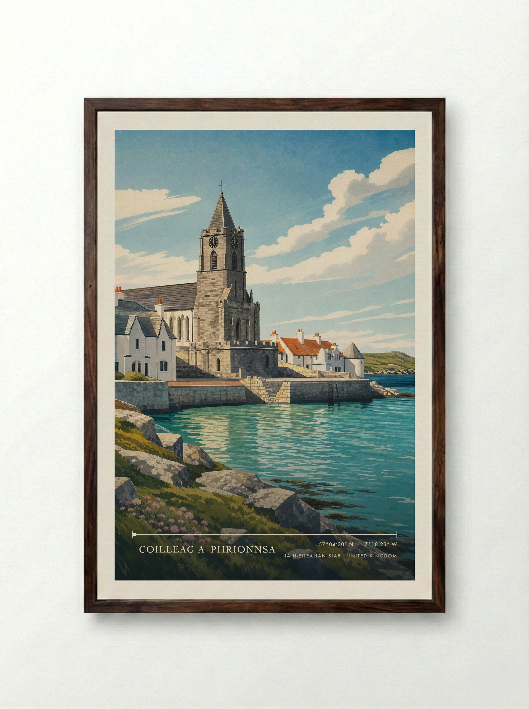 Coilleag a' Phrionnsa Na h-Eileanan Siar United Kingdom Travel Poster - Framed Print Dark Wood