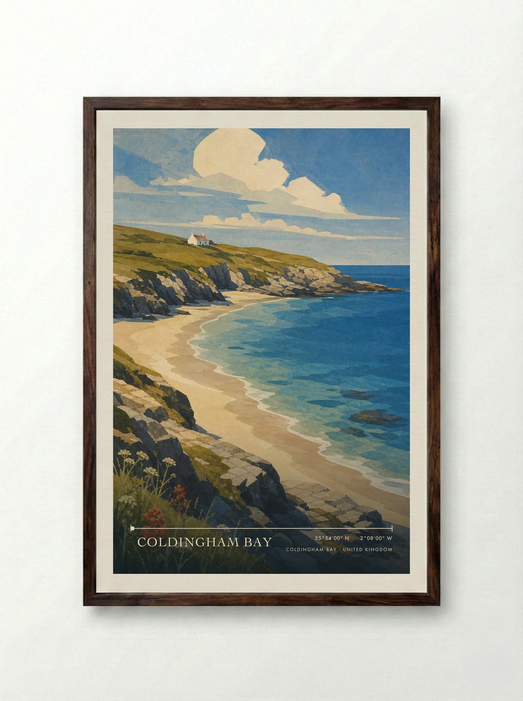 Coldingham Bay United Kingdom Travel Poster - Framed Print Dark Wood
