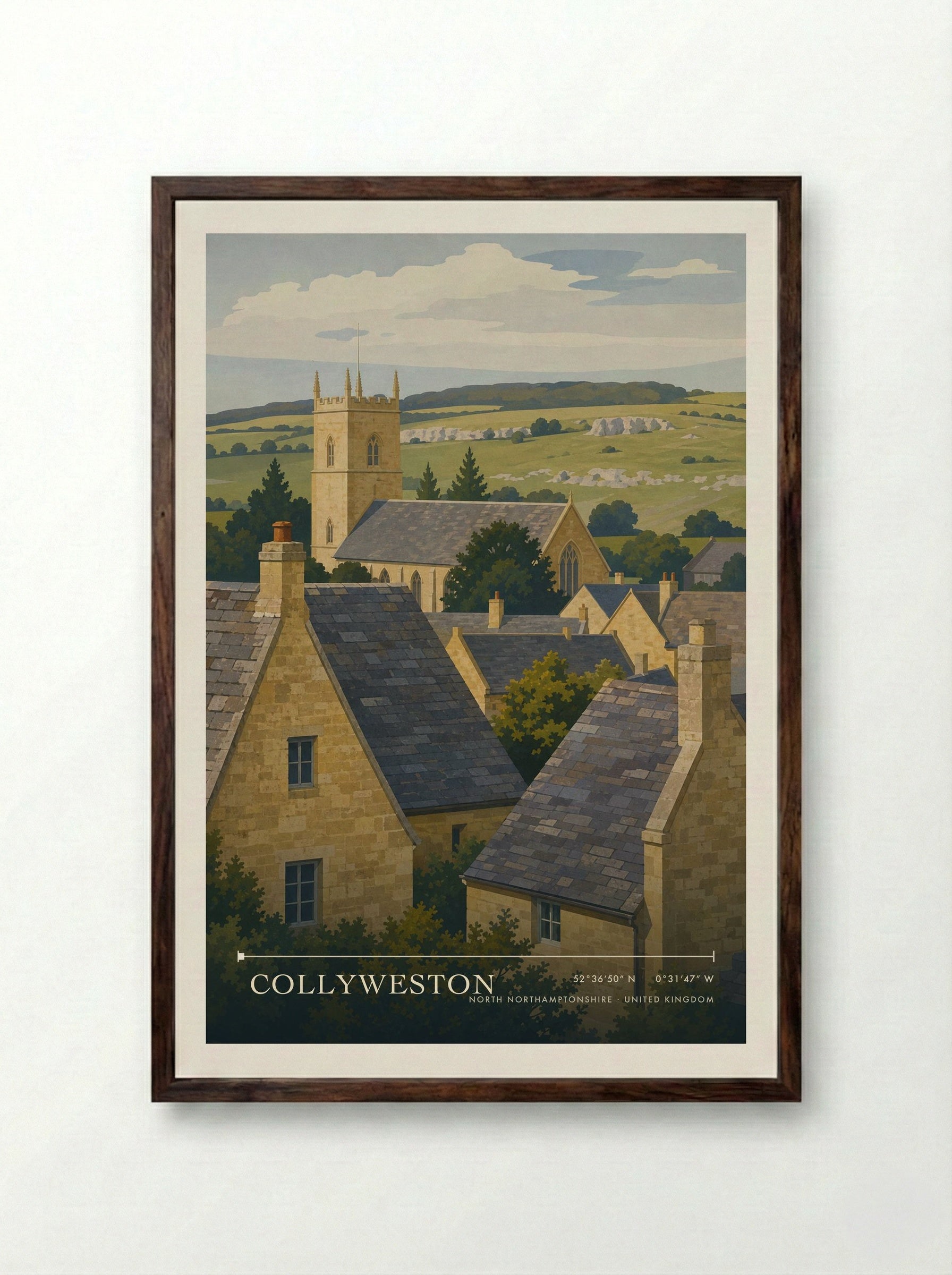 Collyweston North Northamptonshire United Kingdom Travel Poster - Framed Print Dark Wood