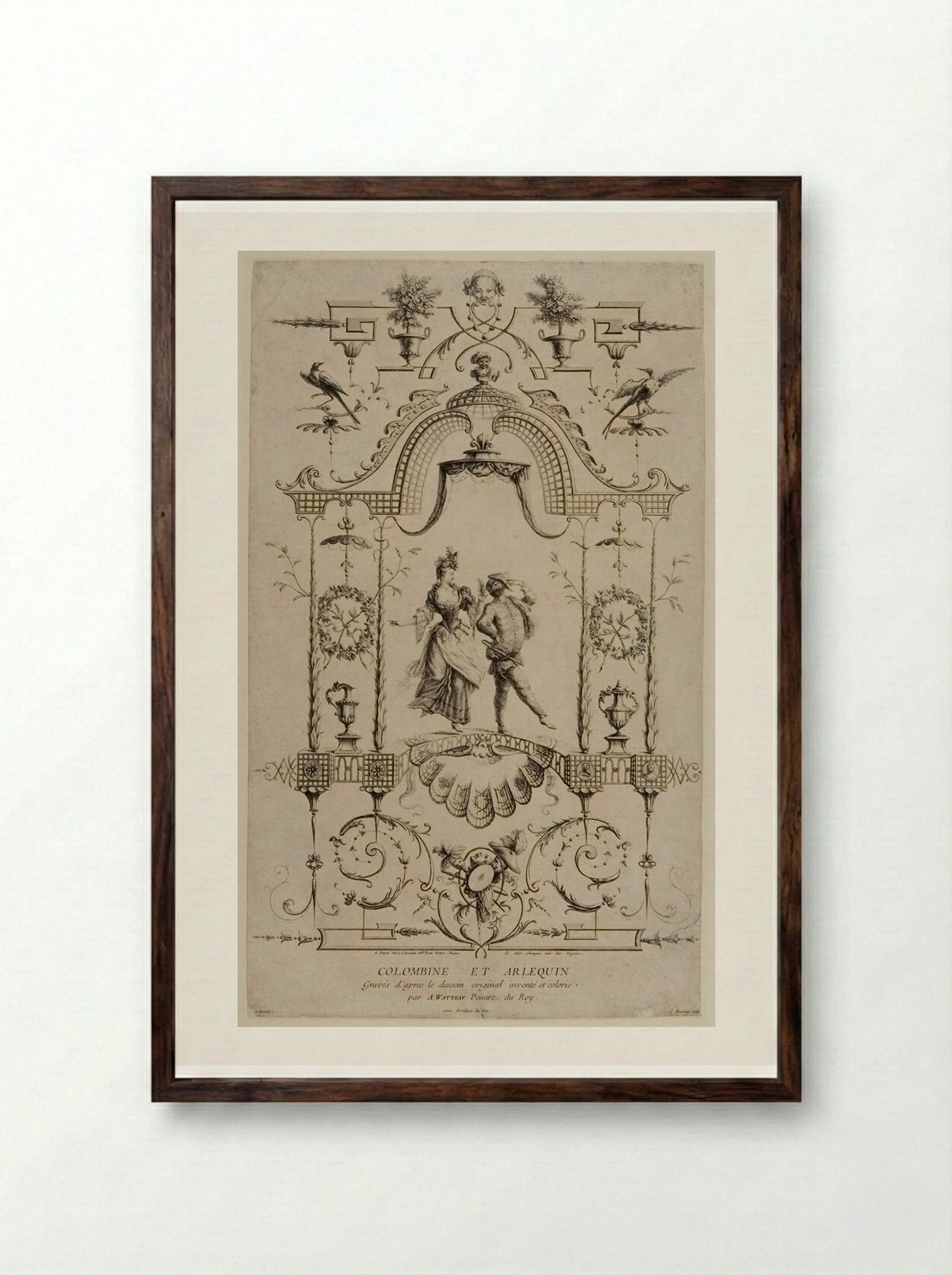 Colombine et Arlequin - Jean Moyreau - Framed Print Dark Wood
