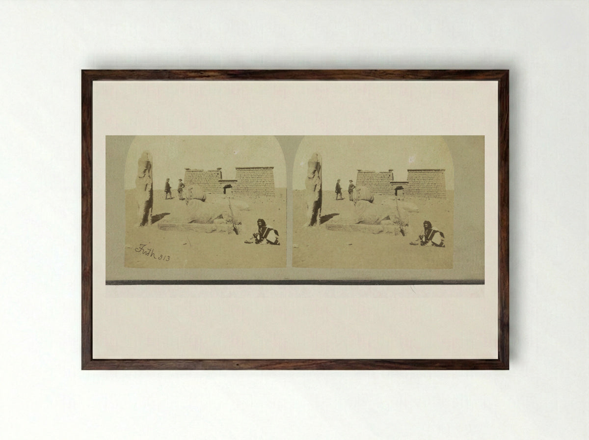 Colossi and Sphinxes at the Entrance to the Temple of Wadi es-Sebua, Egypt - Francis Frith - Framed Print Dark Wood