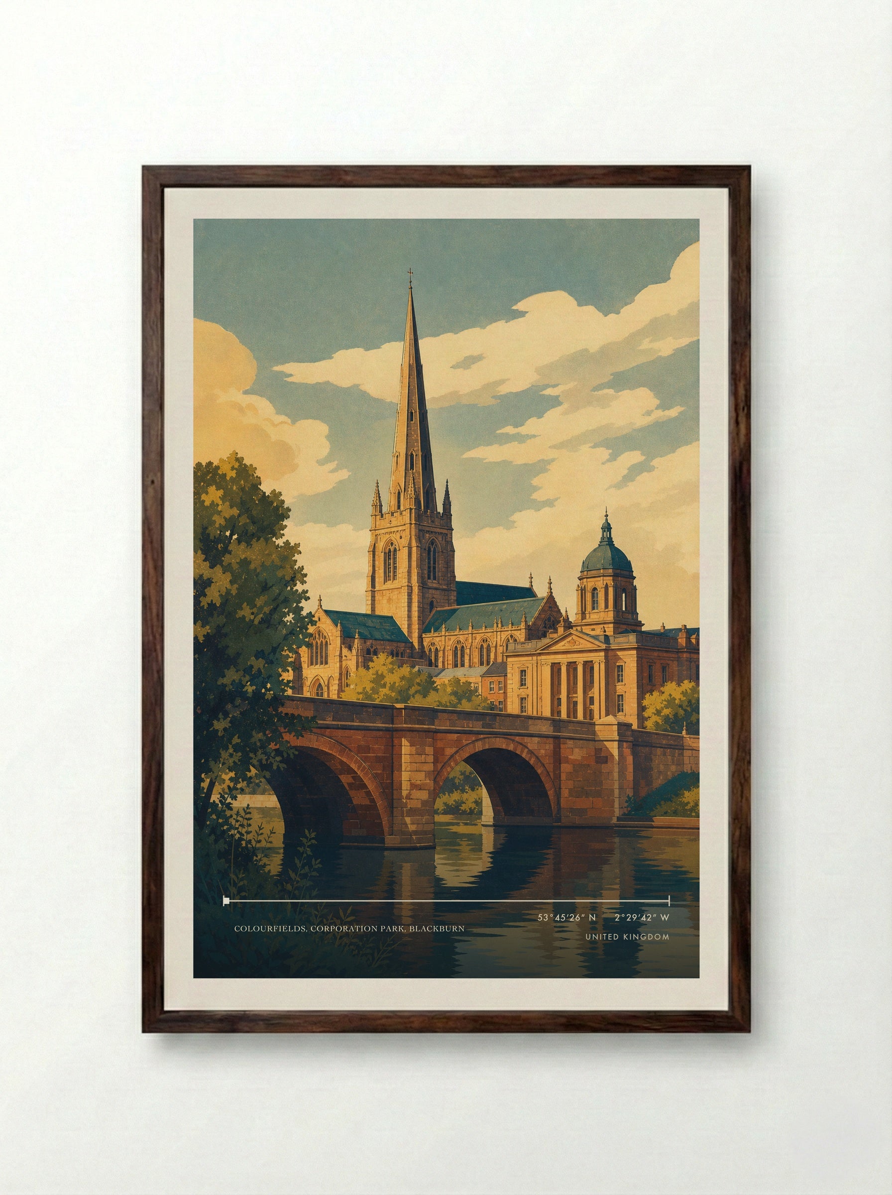 Colourfields, Corporation Park, Blackburn United Kingdom Travel Poster - Framed Print Dark Wood