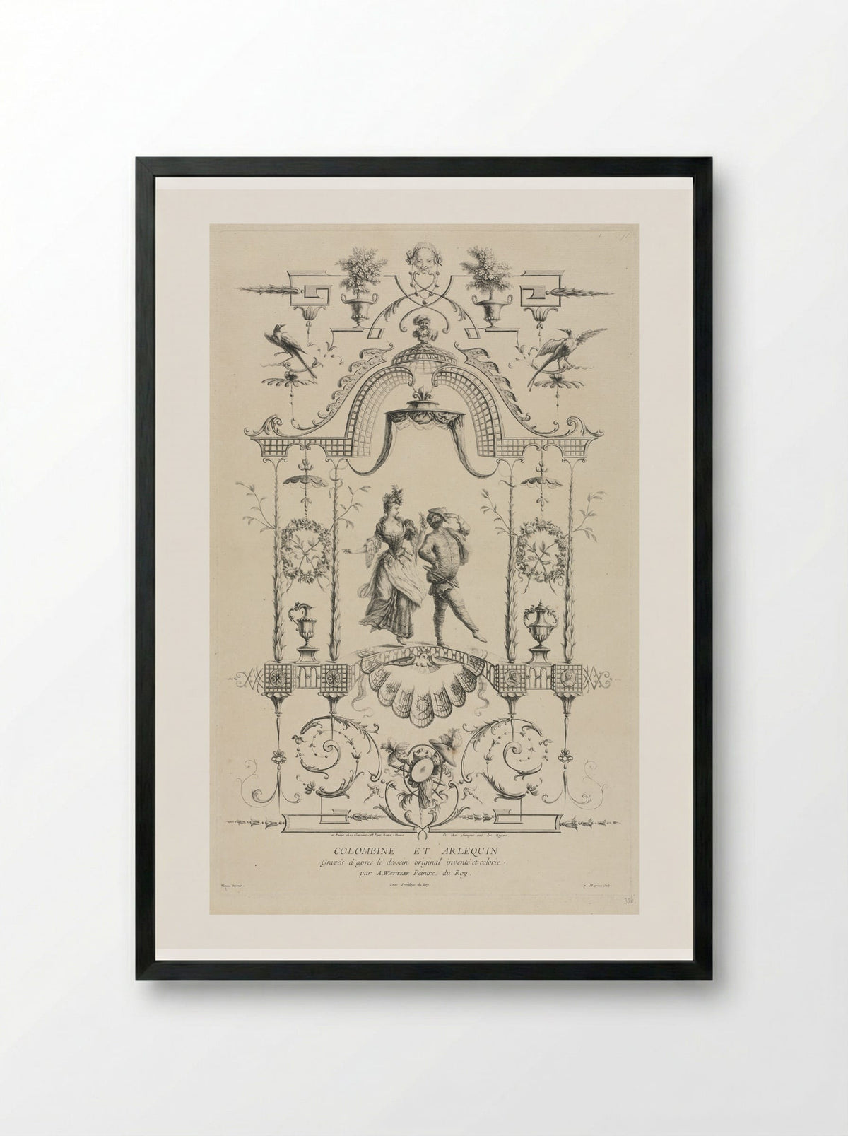Columbine and Harlequin - Jean Moyreau - Framed Print Black