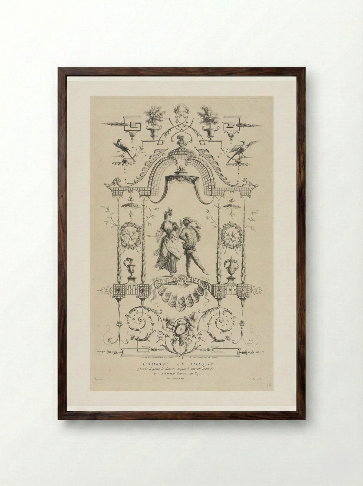 Columbine and Harlequin - Jean Moyreau - Framed Print Dark Wood