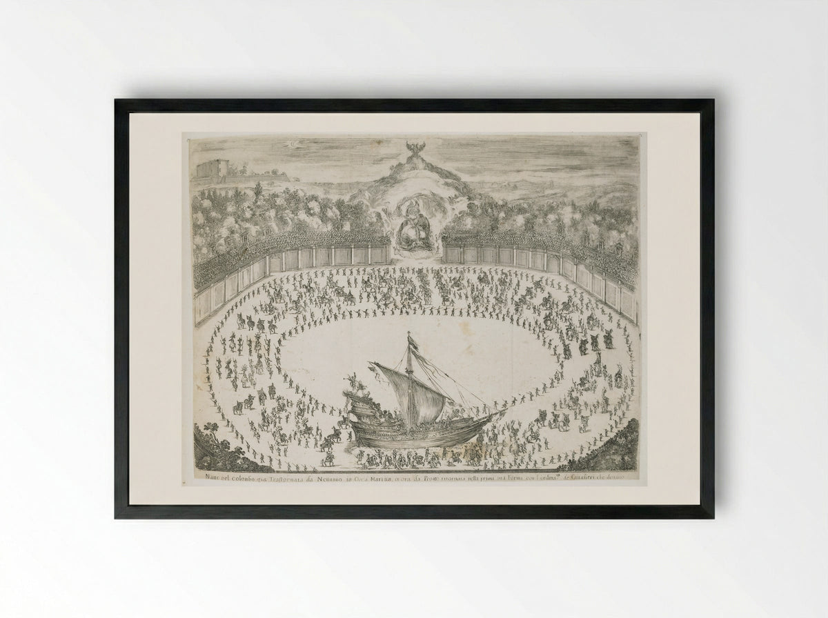 Combat and Ballet on Horseback, with a Ship - Stefano Della Bella - Framed Print Black