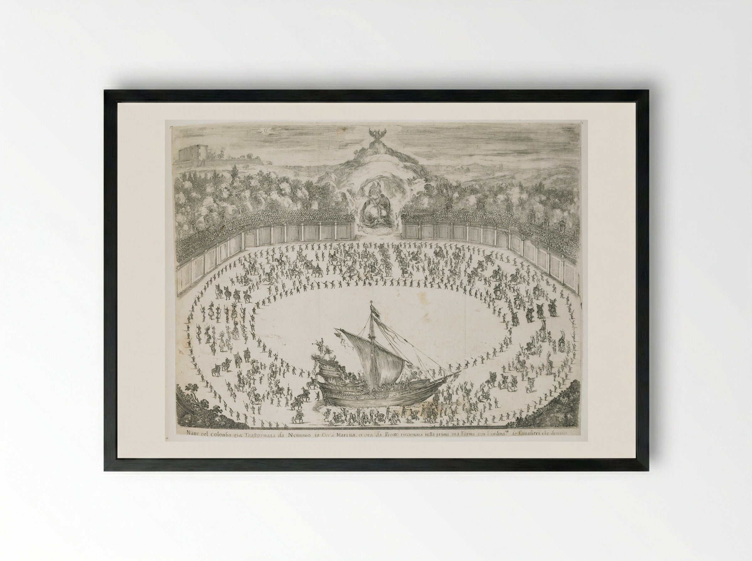 Combat and Ballet on Horseback, with a Ship - Stefano Della Bella - Framed Print Black