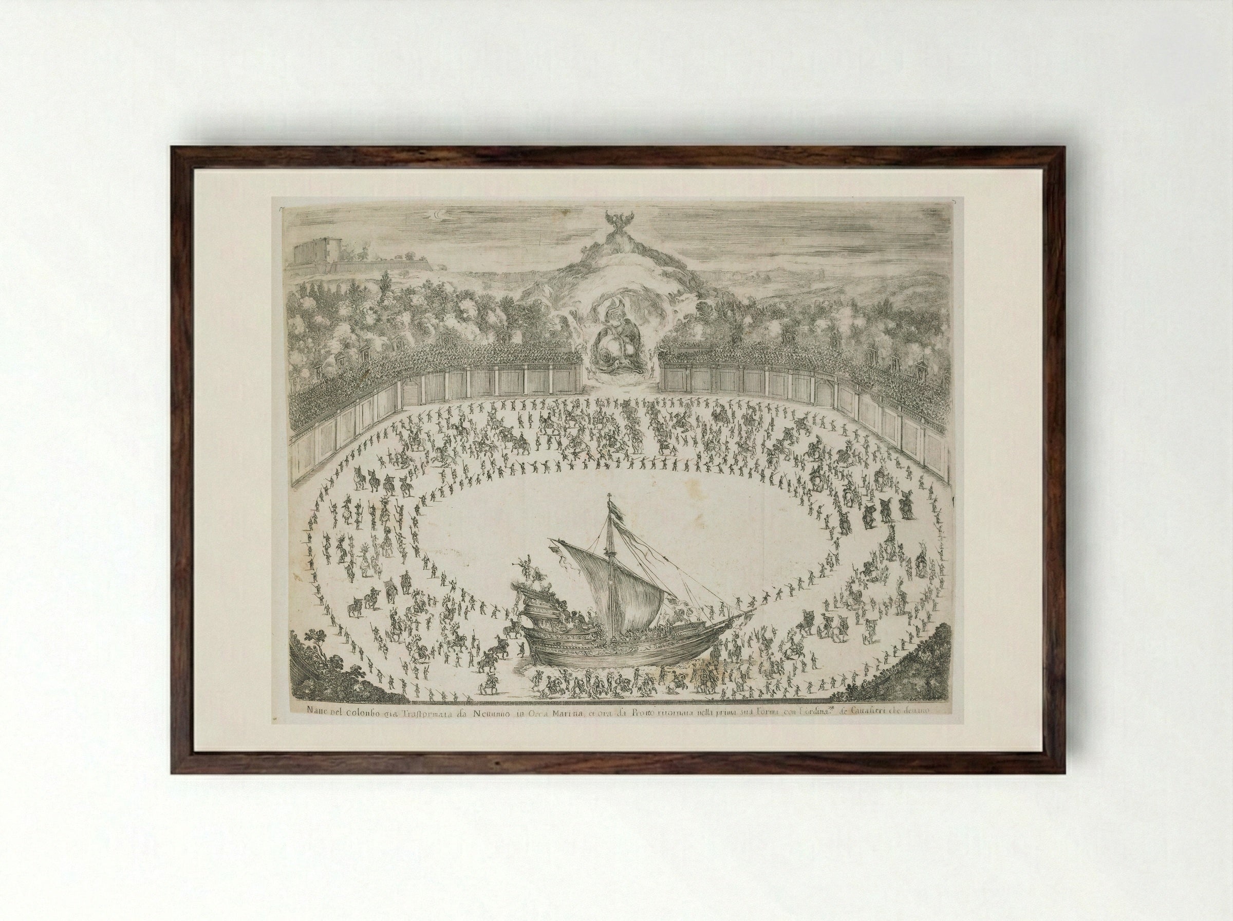 Combat and Ballet on Horseback, with a Ship - Stefano Della Bella - Framed Print Dark Wood