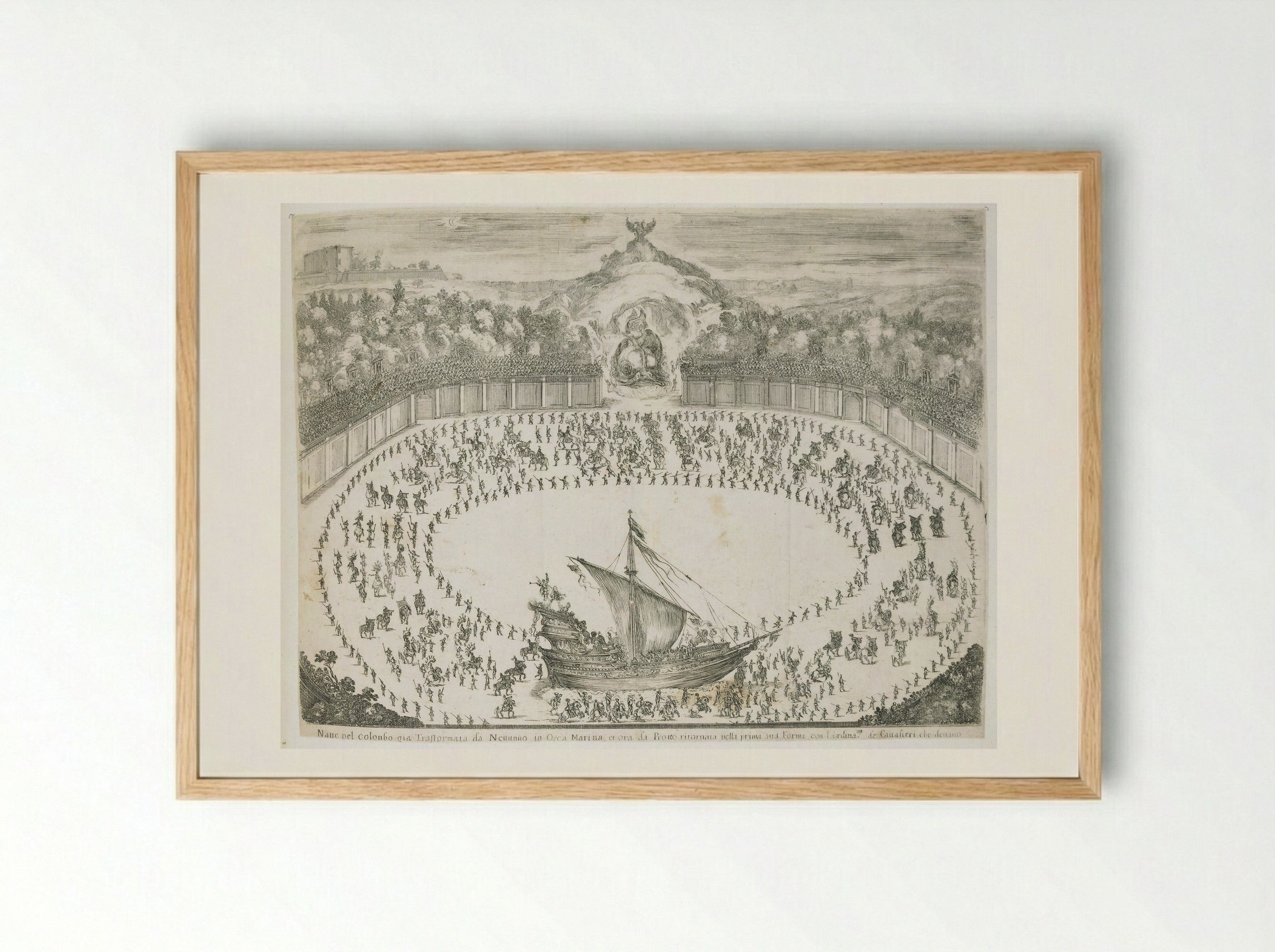 Combat and Ballet on Horseback, with a Ship - Stefano Della Bella - Framed Print Wood