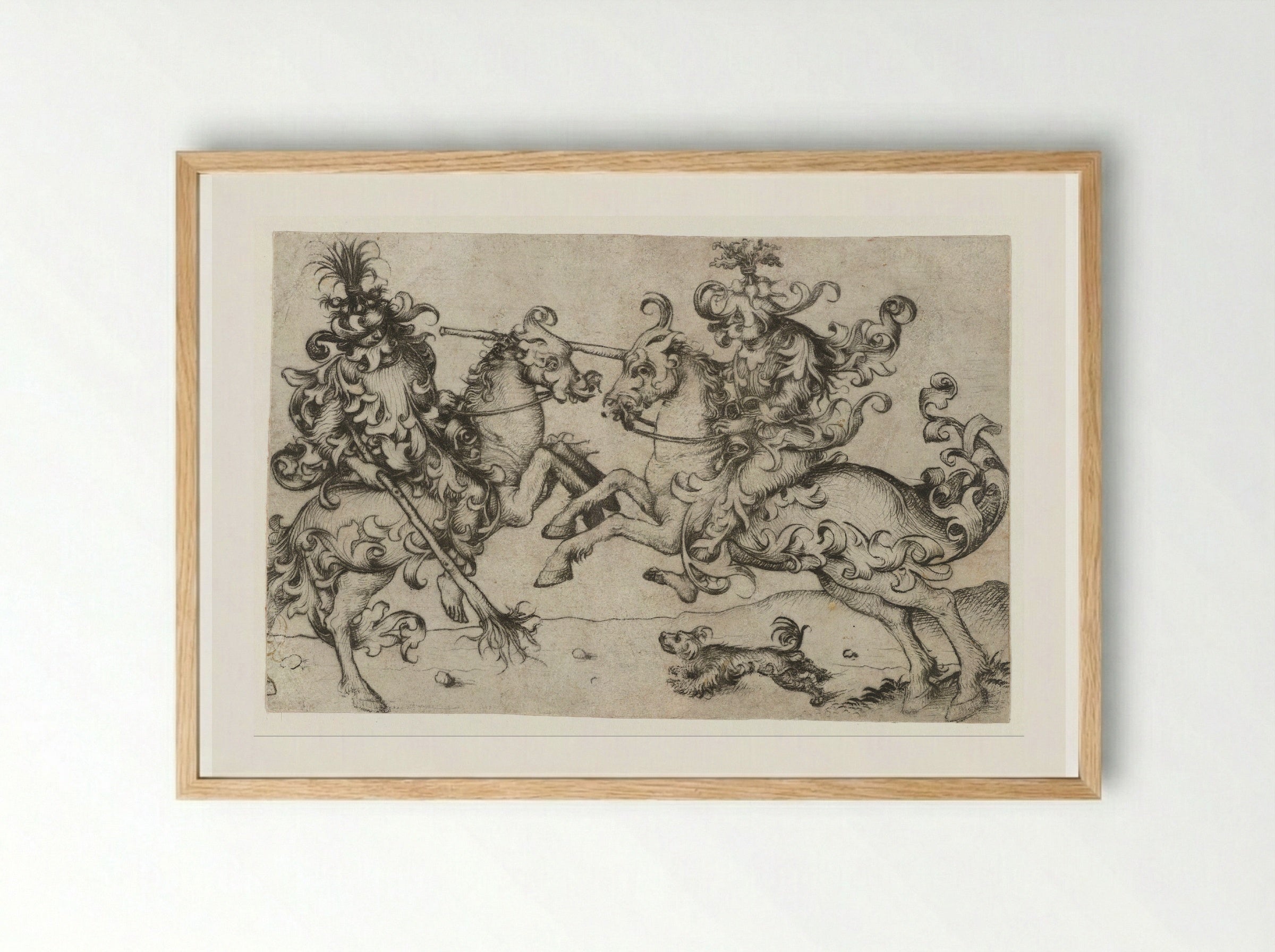 Combat of Two Wild Men on Horseback - Master of the Amsterdam Cabinet - Framed Print Wood