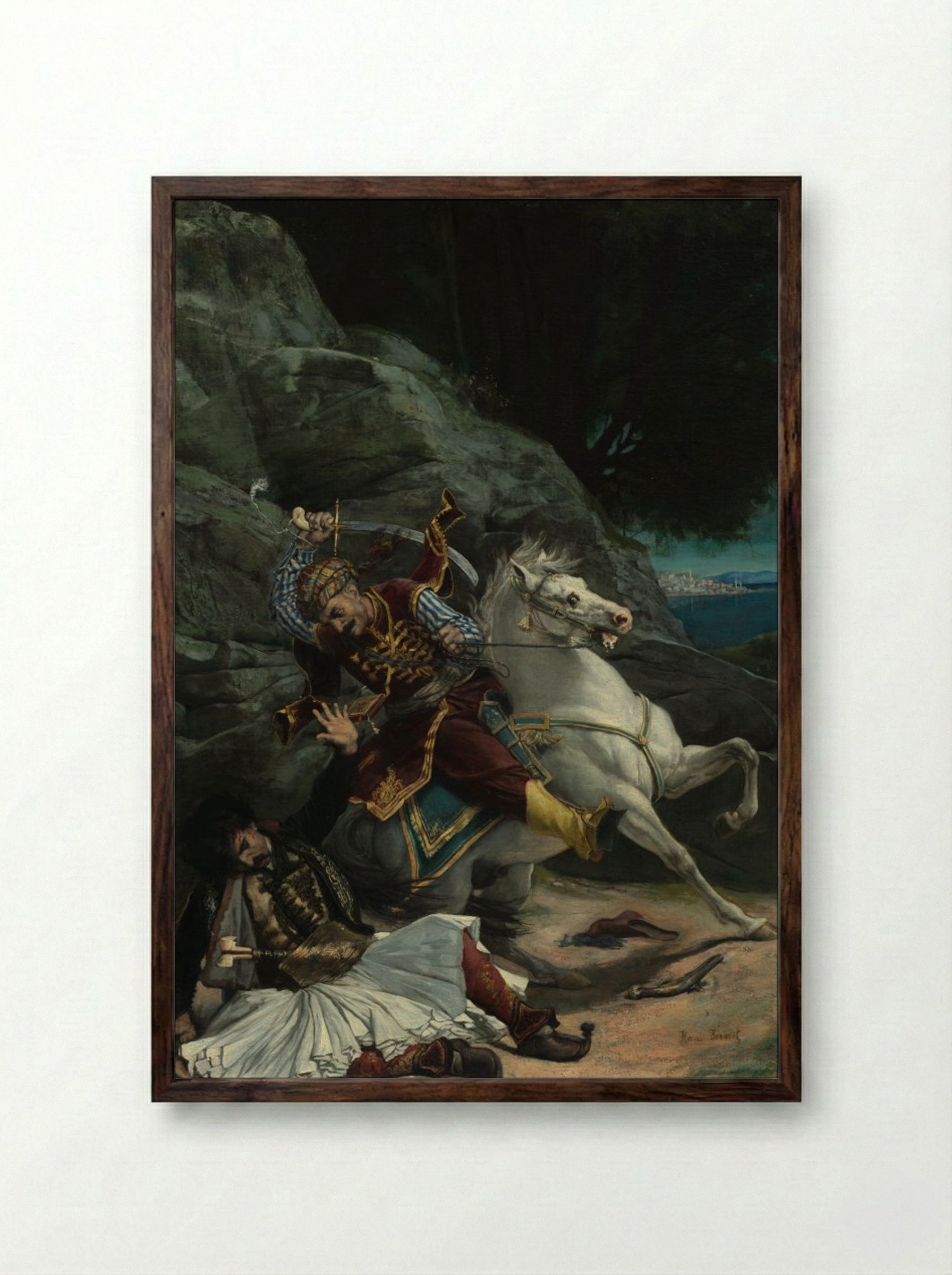 Combat of a Greek and a Turk - Horace Vernet - Framed Print Dark Wood