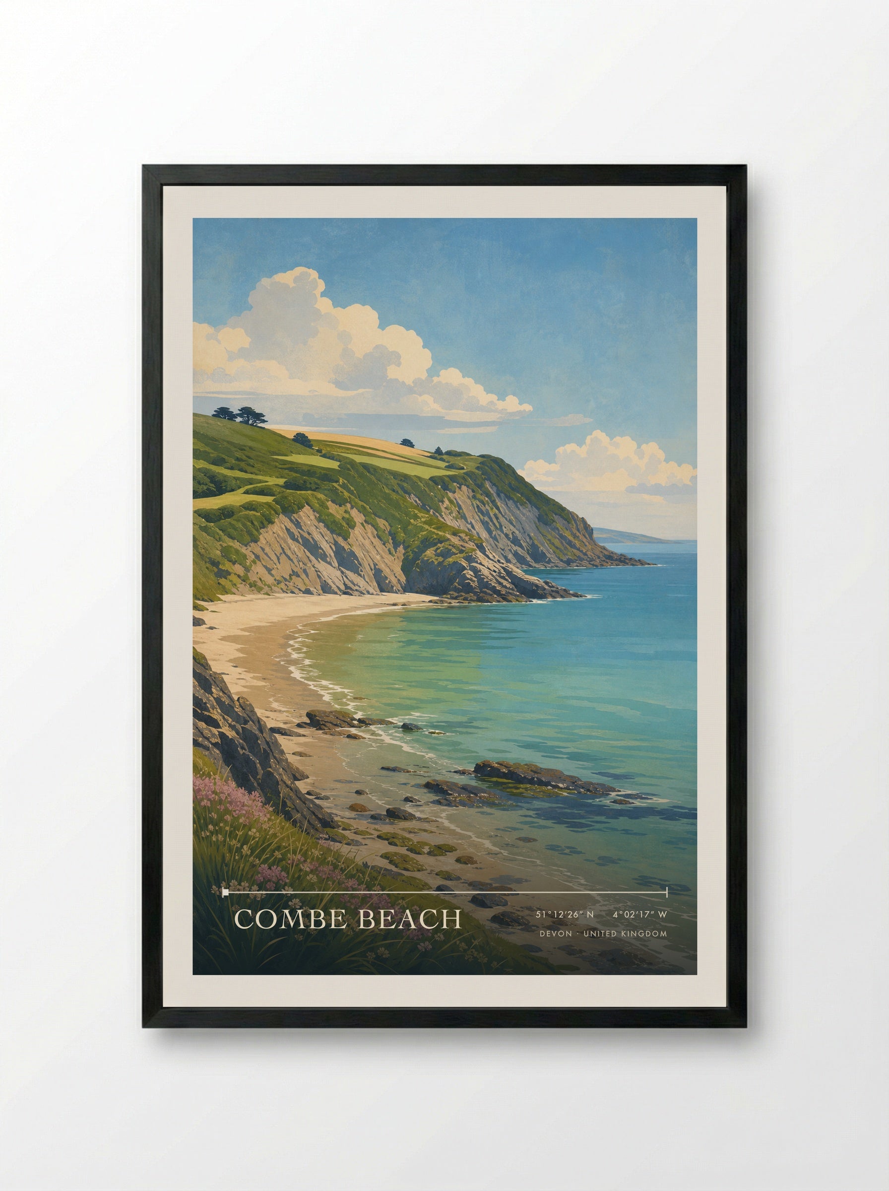 Combe Beach Devon United Kingdom Travel Poster - Framed Print Black