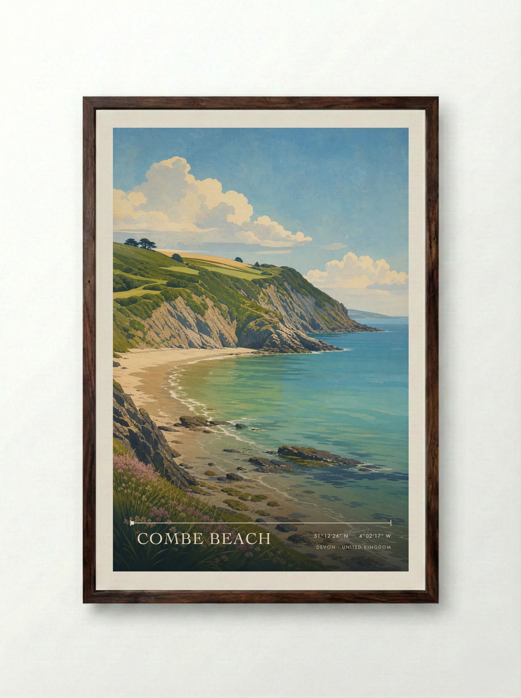 Combe Beach Devon United Kingdom Travel Poster - Framed Print Dark Wood
