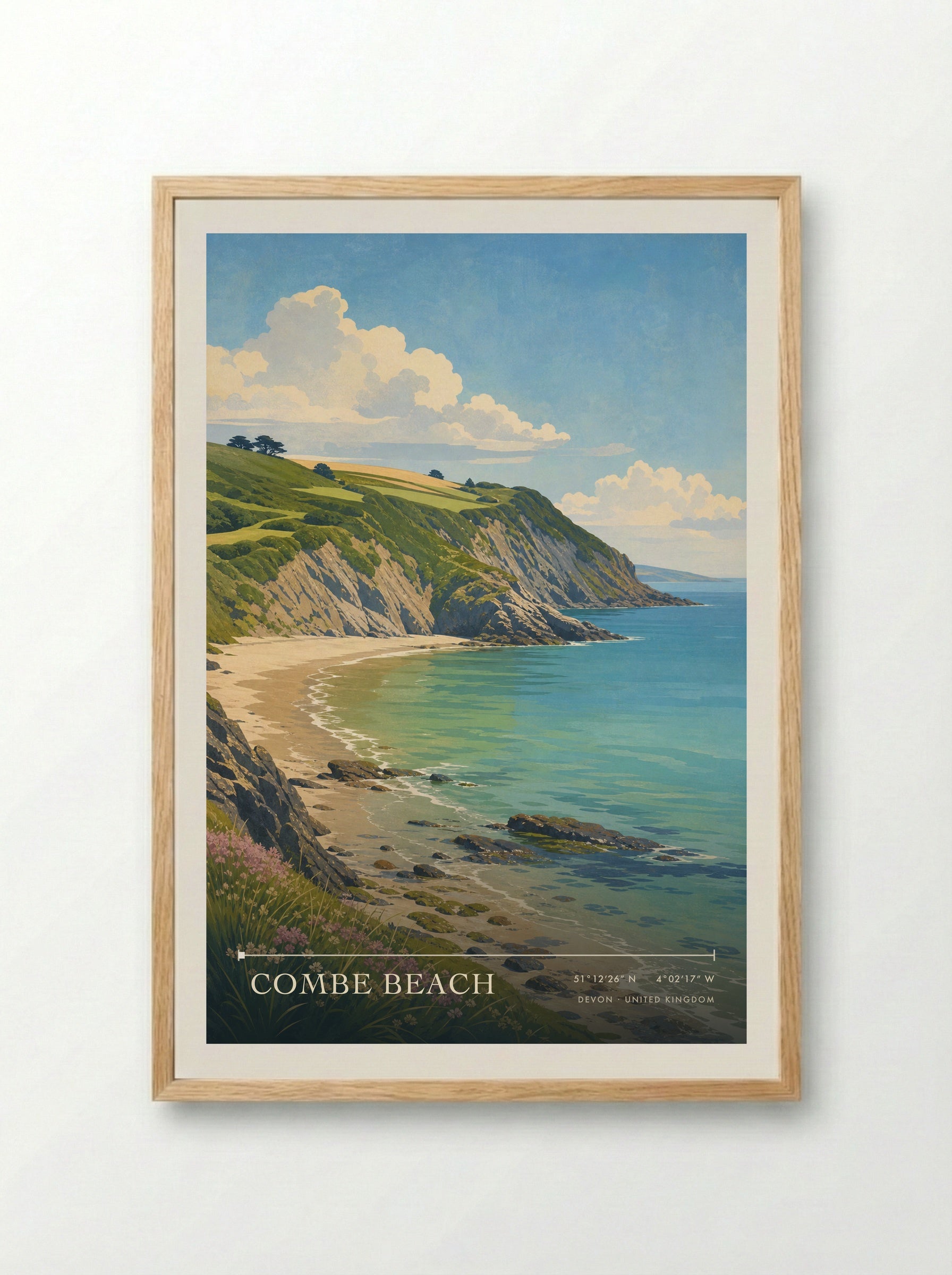 Combe Beach Devon United Kingdom Travel Poster - Framed Print Wood