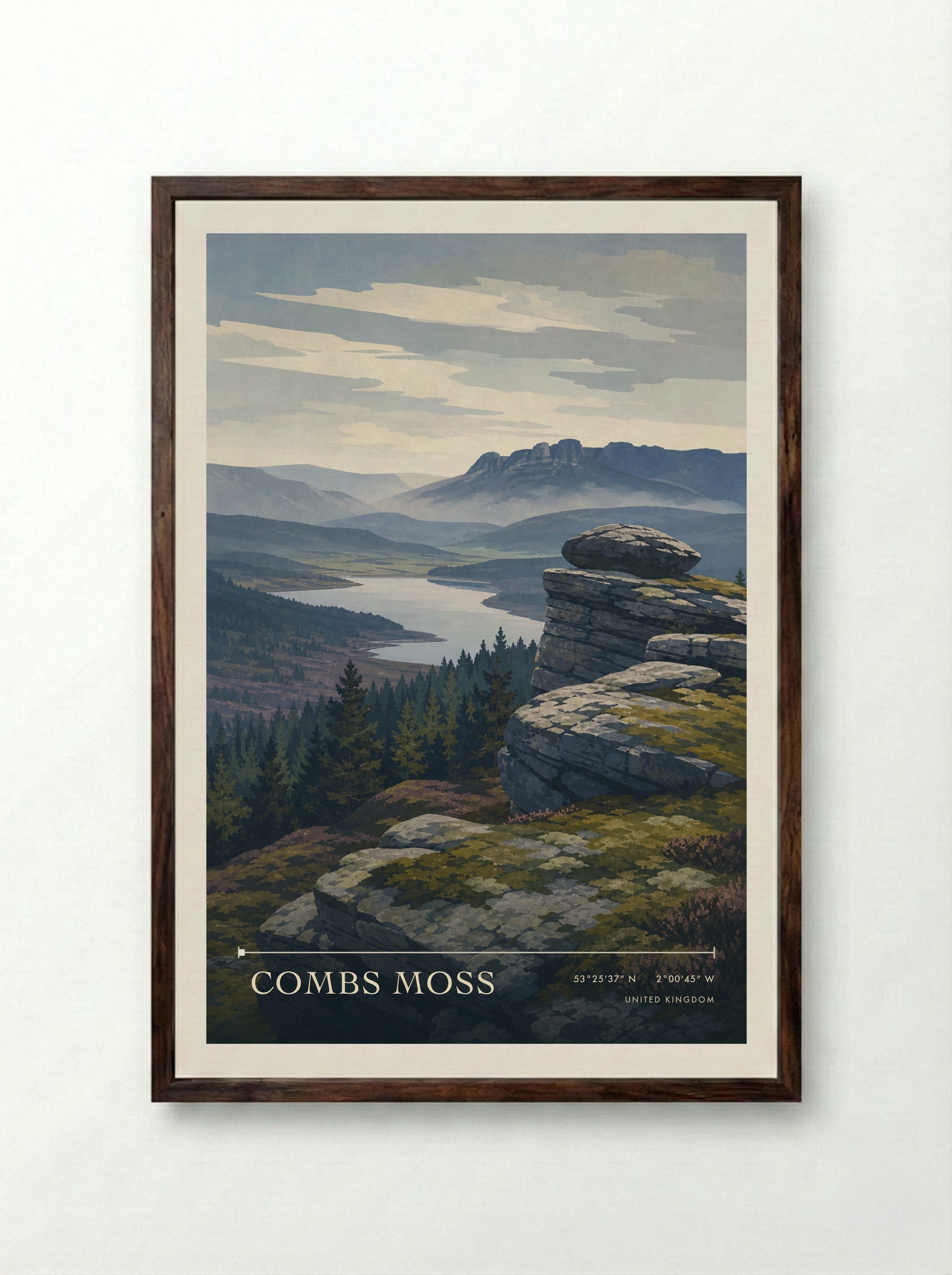 Combs Moss United Kingdom Travel Poster - Framed Print Dark Wood
