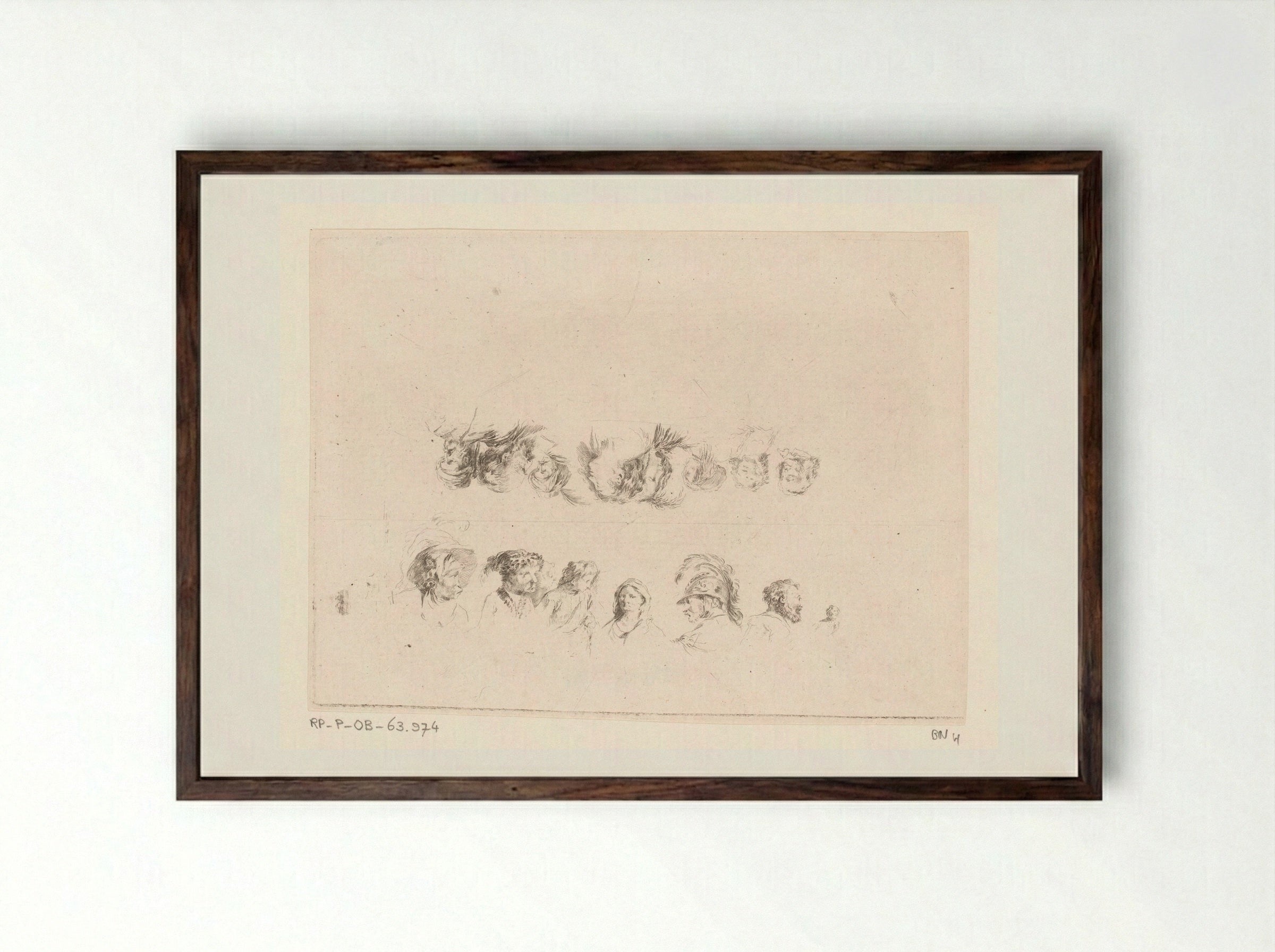 Compositie met vijftien bustes van mannen en vrouwen van verschillende leeftijden - Jacques-Philippe Le Bas - Framed Print Dark Wood