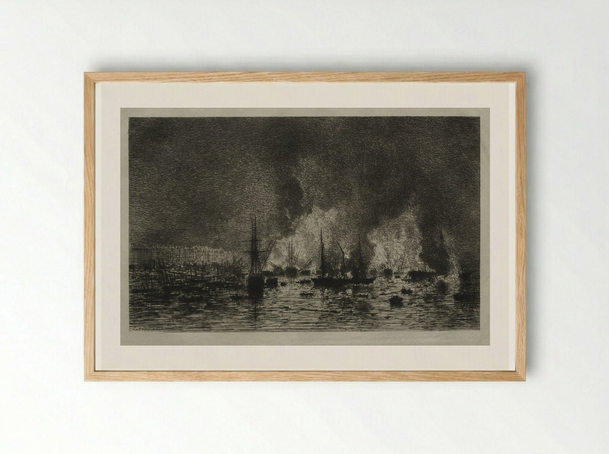 Conflagration in the Port of Bordeaux - Maxime Lalanne - Framed Print Wood