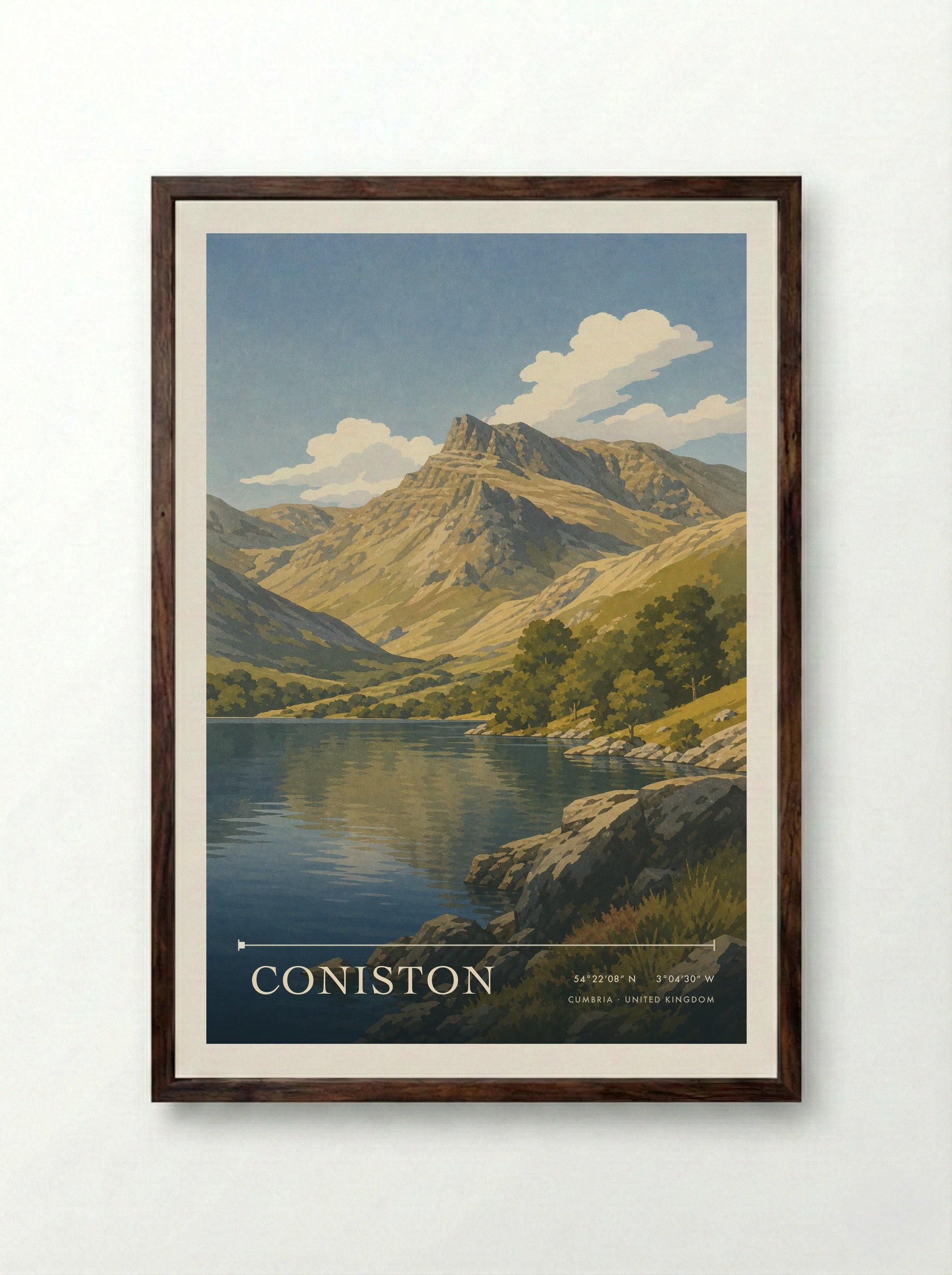 Coniston Cumbria United Kingdom Travel Poster - Framed Print Dark Wood